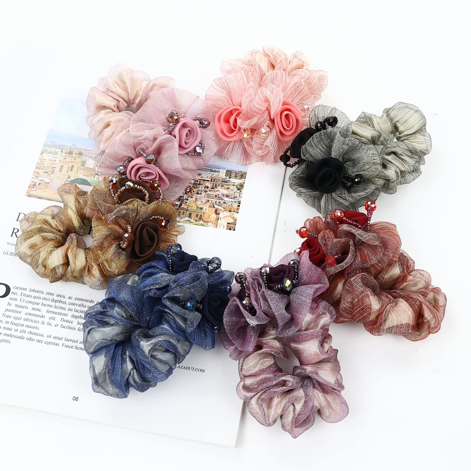 inSowni Paquete de 7 coleteros elásticos de encaje con perlas de cristal con purpurina y rosas para el cabello, bandas elásticas de goma, diademas para coletas de caballo, accesorios florales para