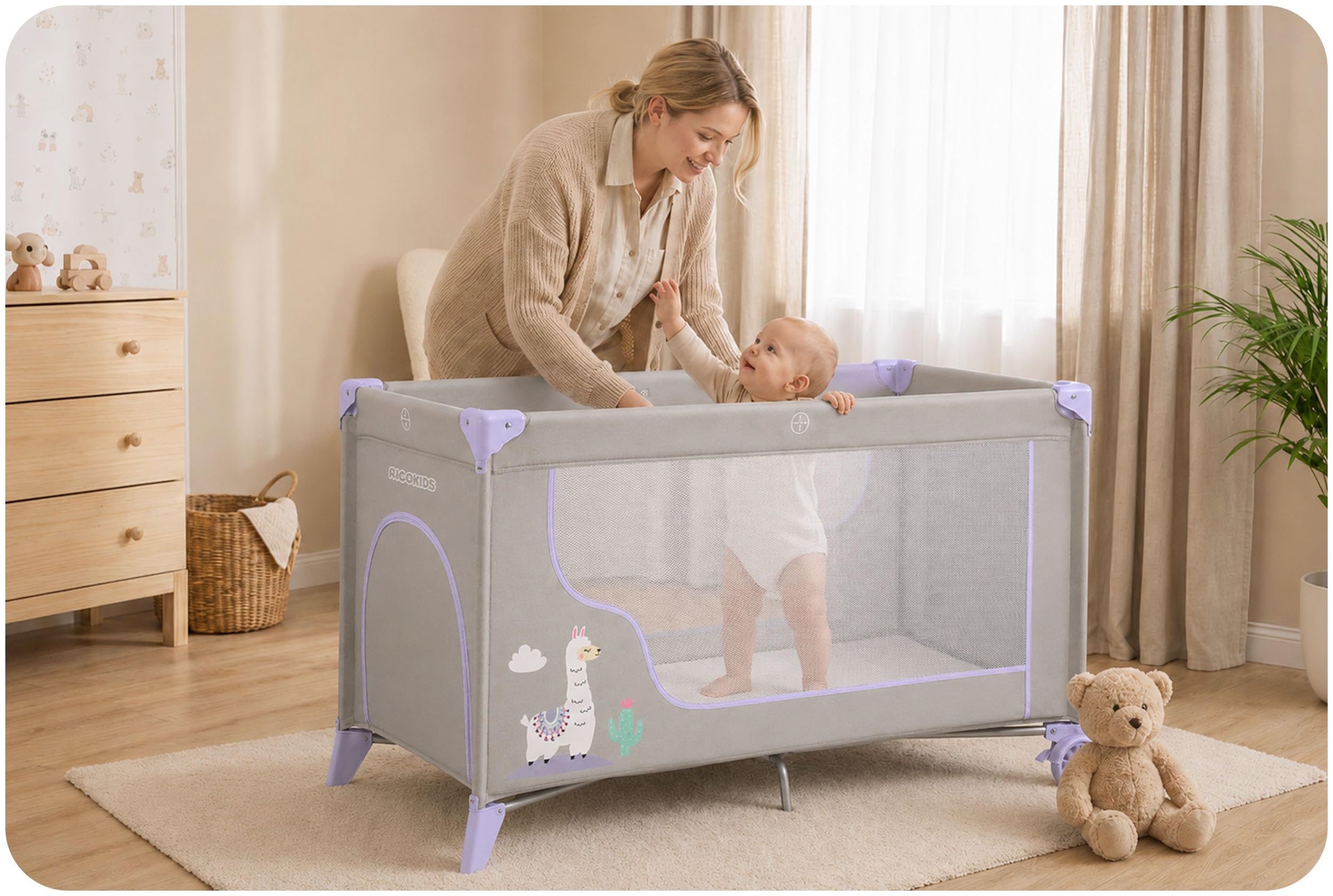 Ricokids Łóżeczko turystyczne dla niemowląt z materacem 123,5 x 64 x 76 cm do 15 kg 2 koła z hamulcami jasnoszary lawendowy