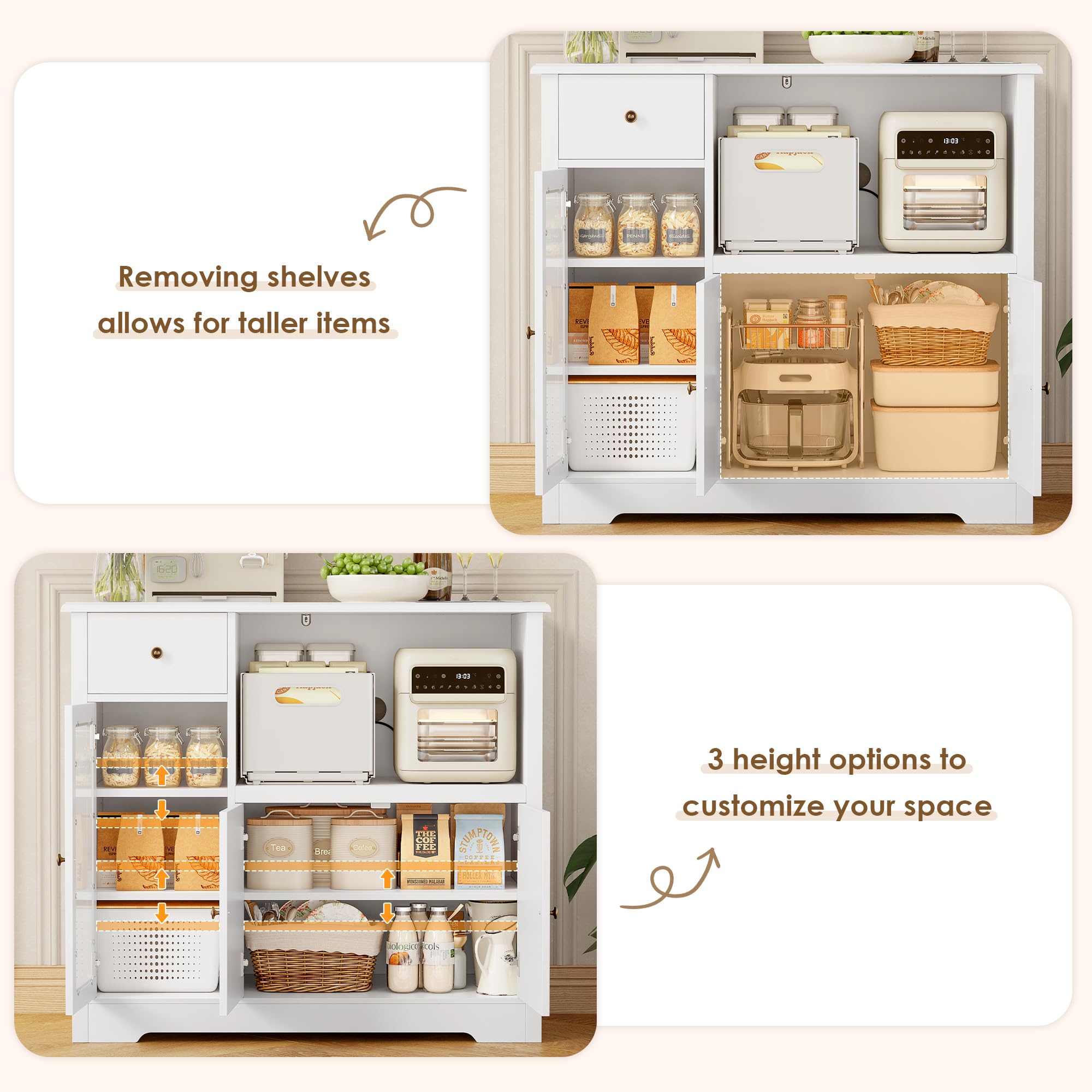 HOCSOK Aparador Cocina para Microondas Alacena de Cocina con 3 Estantes Puertas y Cajones Mueble de Almacenamiento para Cocina y Comedor de Madera Blanco 90 x 40 x 82 cm