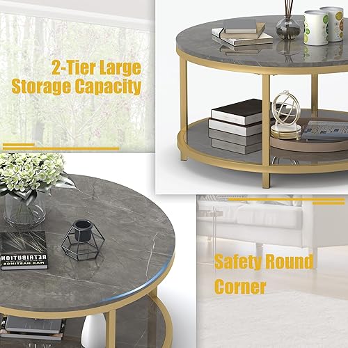 Miniatura 5 de WiberWi Mesa de centro redonda de 33.5 pulgadas para sala de estar, mesa redonda moderna de mármol sintético resistente con marco de metal dorado,