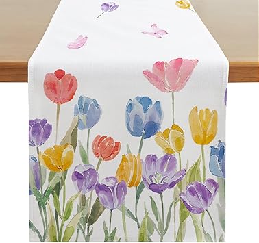 Softalker Tulip Flower Spring Table Runner 13 x 72 Inch, Easter Summer Kitchen Dining Table Decor, Seasonal Holiday Home Party Decoration for Indoor & Outdoor Use