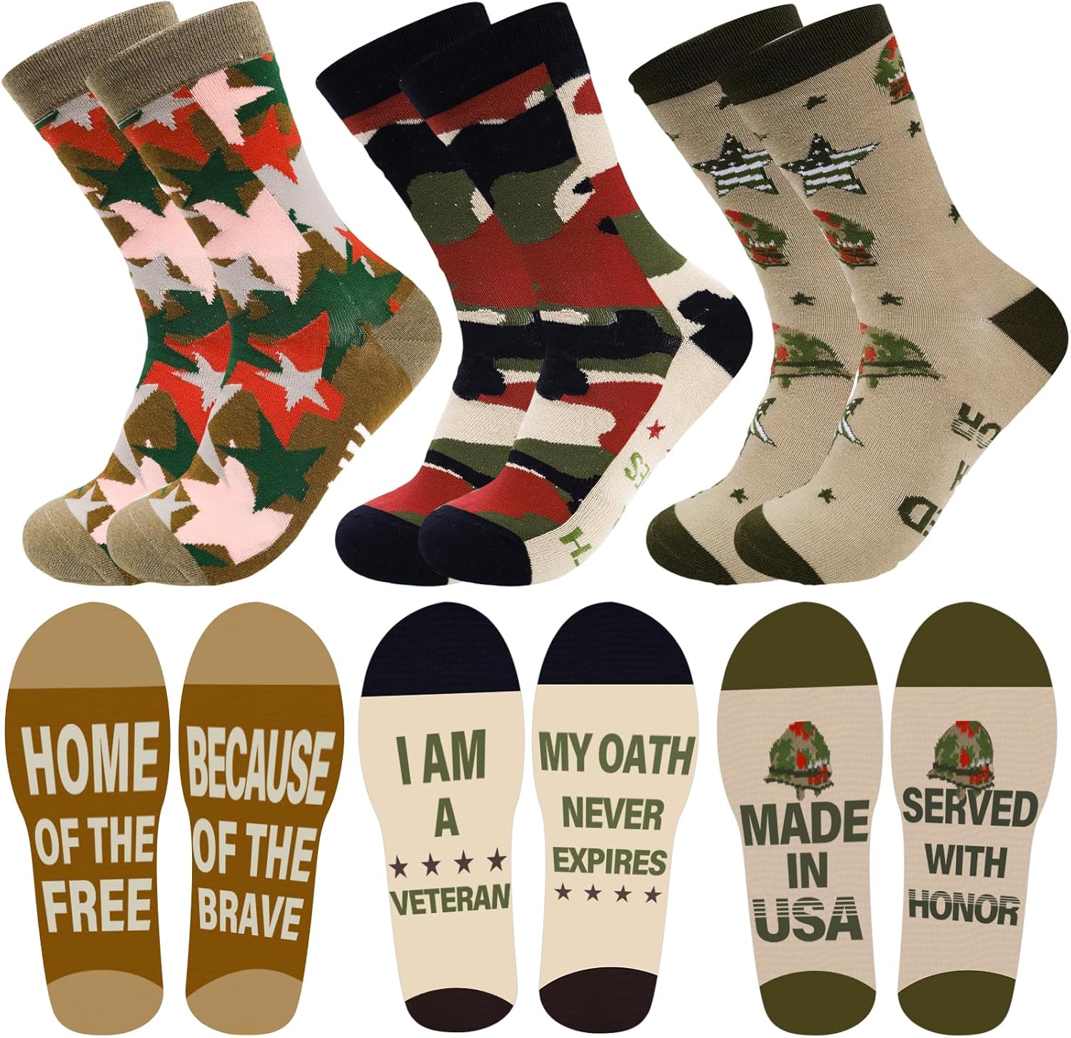 Veterans Day Gifts Socks - 3 Pairs Army Green Camo Veterans Socks for Men Women, American Army Military Patriotic Thank You Appreciation Retirement Birthday Thanksgiving Christimas Gift