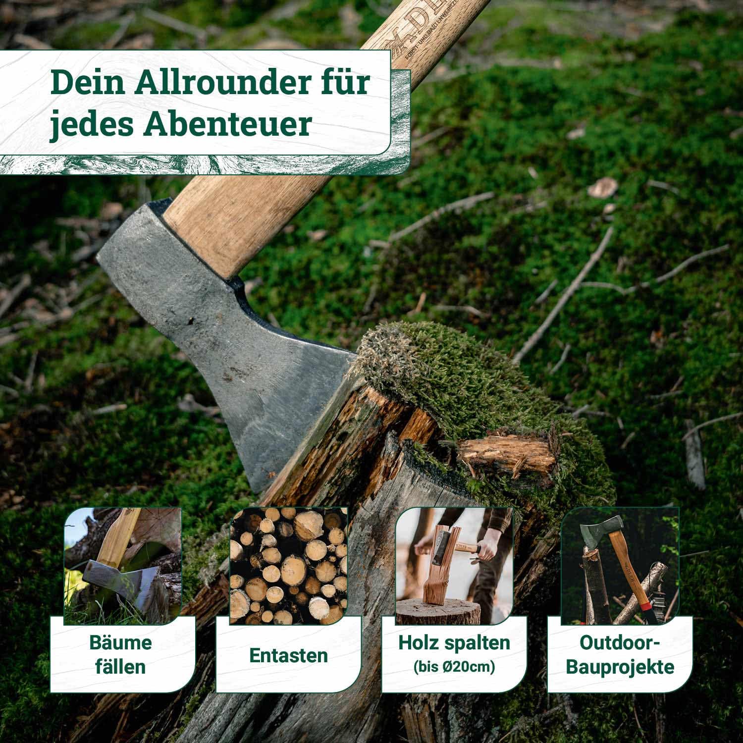 ADLER Rheinlandaxt 1250g – 70 cm Hickorystiel – C60 Stahl – Schwarz/Rot – Fällen, Entasten & Spalten bis Ø20cm – inkl. Lederschutz – Made in Germany