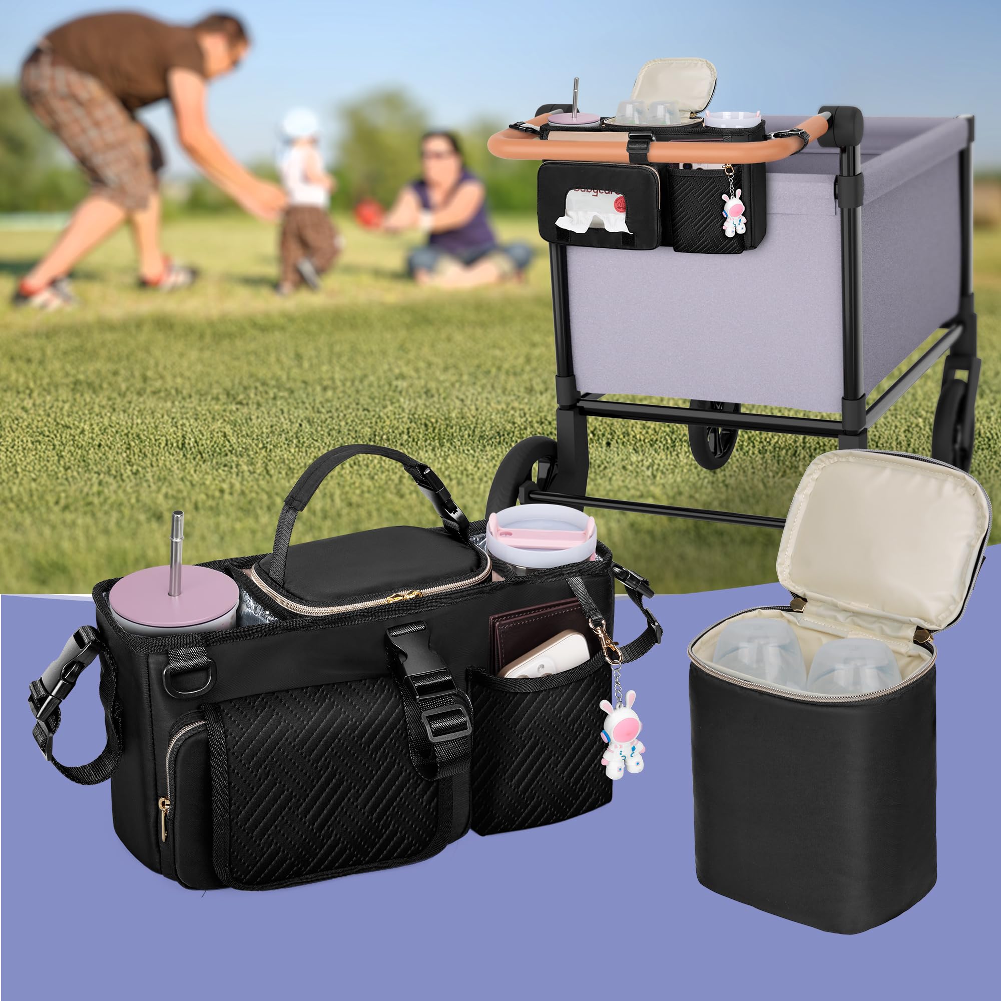 Kinderwagen Organizer für Elternkonsole, Kompatibel mit WONDERFOLD W2, Kinderwagen Caddy mit 2 Isolierten Getränkehaltern und Abnehmbarer Kühltasche, Schwarz (Leere Tasche)