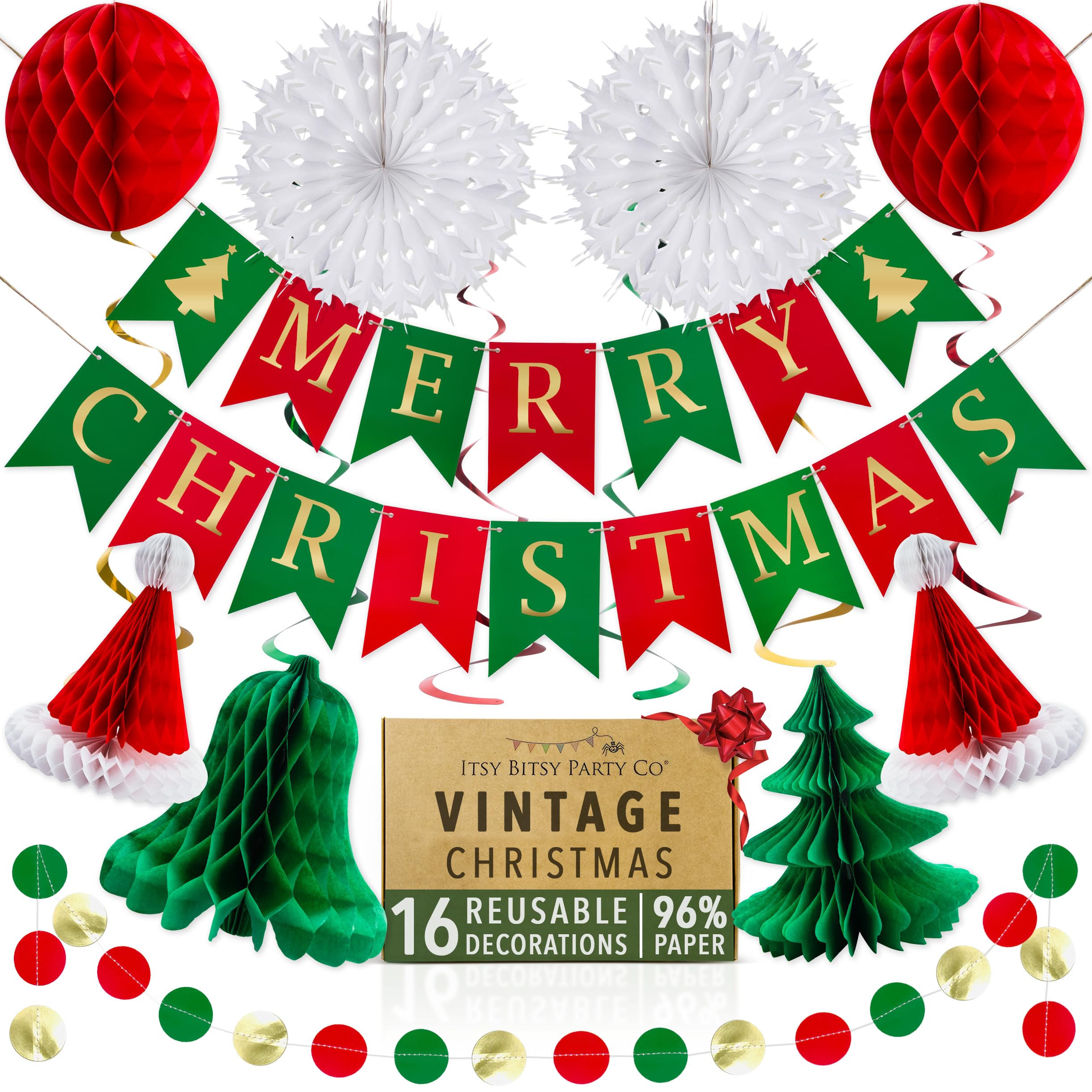 Premium Reusable Christmas Decorations Pack - Vintage Indoor Xmas Decorations, Merry Christmas banner and Hanging Honeycomb Paper Xmas Room Decor for Home or Office, by Itsy Bitsy Party Co
