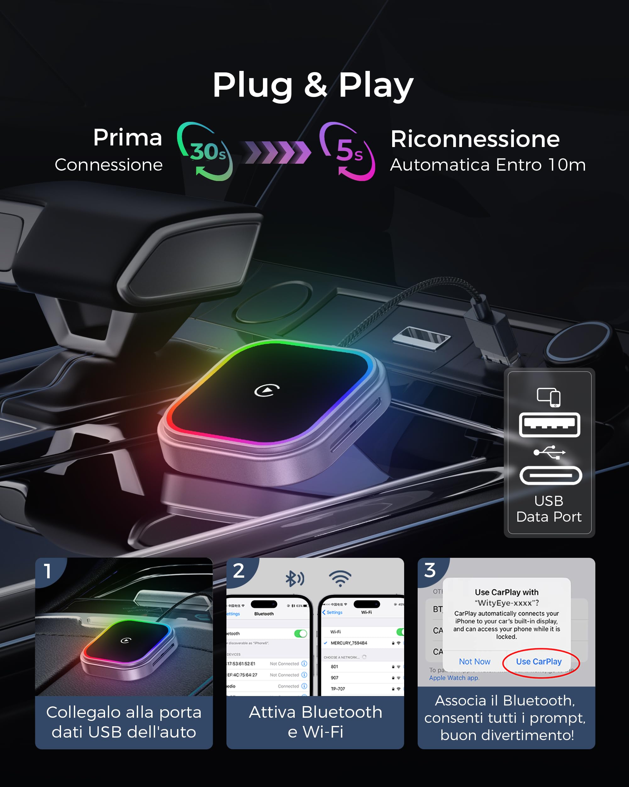Adaptador CarPlay y Android Auto Inalámbrico con Luz Ambiental RGB, Doble Núcleo WiFi a 5,8 GHz, Bluetooth V5,3, Rápido y Estable, para Apple iPhone con iOS 10+, Smartphone Android 11+