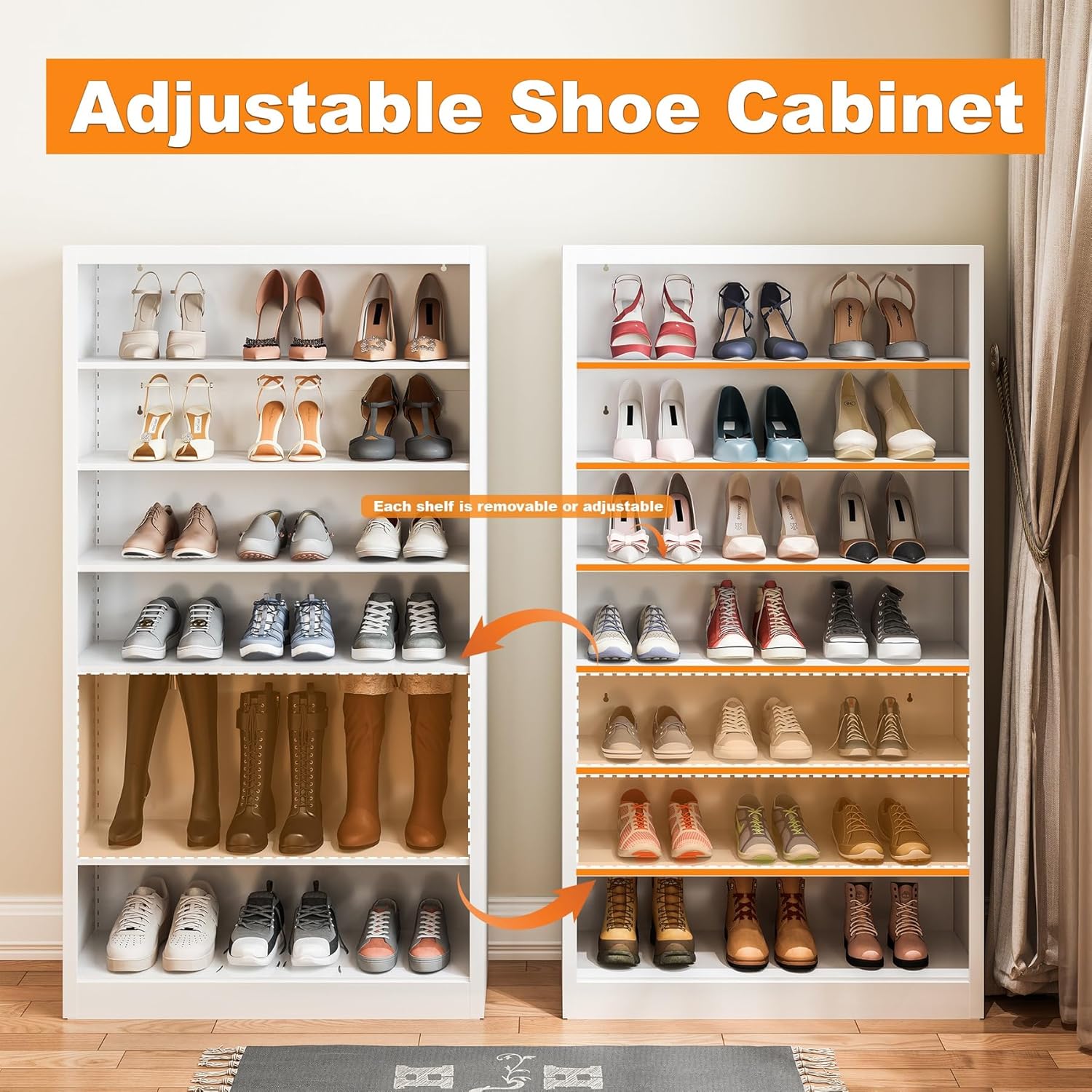 VASAAOSD Tall Shoe Cabinet, 7-Tier Shoe Storage Cabinet with Adjustable Shelves, Freestanding Shoe Organizer, White Shoe Rack for Closet, Entryway, Hallway, Living Room (White)