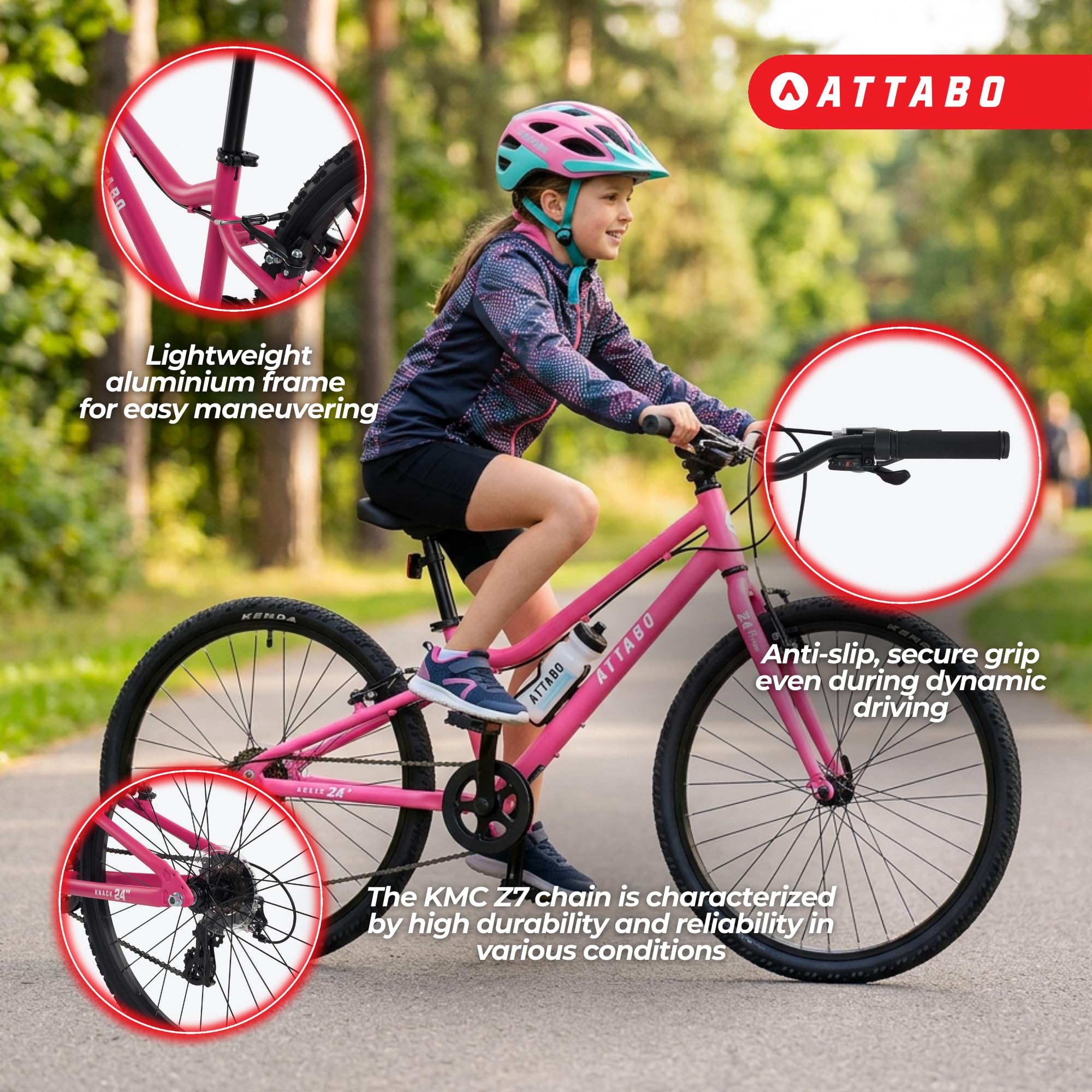 ATTABO Knack 24 - Bicicletta per bambini (7-11 anni) con telaio in alluminio leggero (solo 10 kg), ruote da 24", forcella in acciaio, per 120-145 cm, manubrio ergonomico ideale per escursioni e tempo
