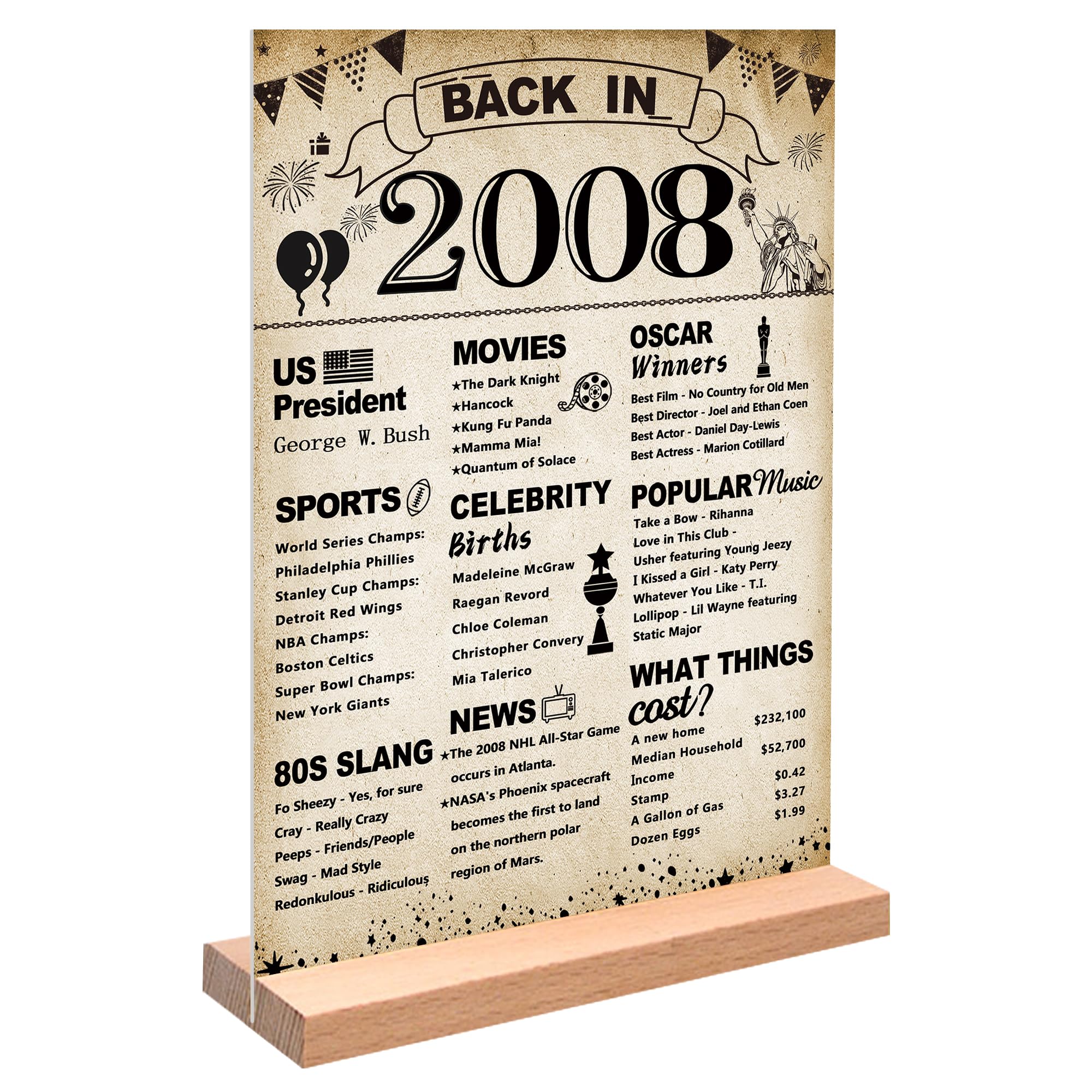 DARUNAXY Vintage Back in 2008 Poster Acrylic Sign with Stand for Boys