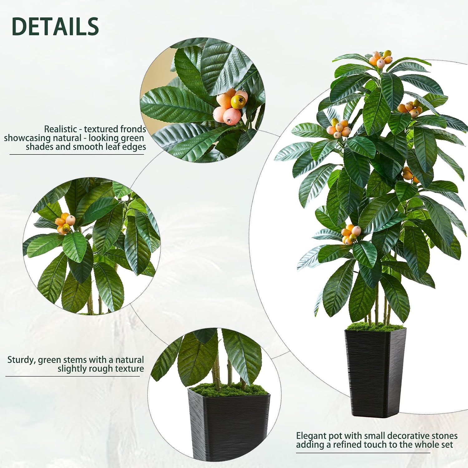 Artificial Loquat Tree Japanese Medlar Tropical Fruiting Plant Tall Artificial Plants Indoor-Loquat Tree Large Fruiting Silk Tree for Home Office Living Room Decor Indoor (Black Tall, 5FT)