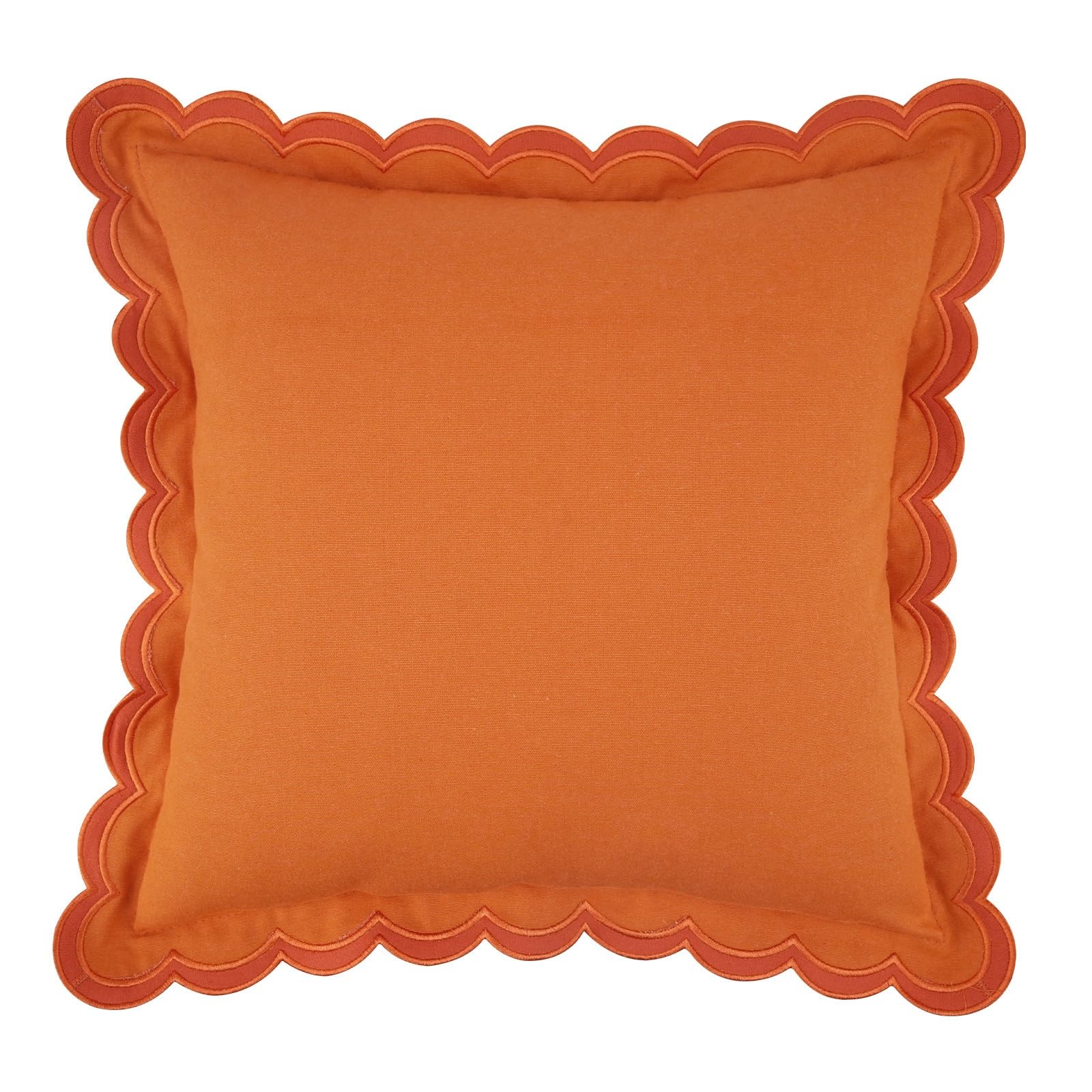 Coussin bleu ciel 45x45 cm en coton avec broderie orange et bord festonné