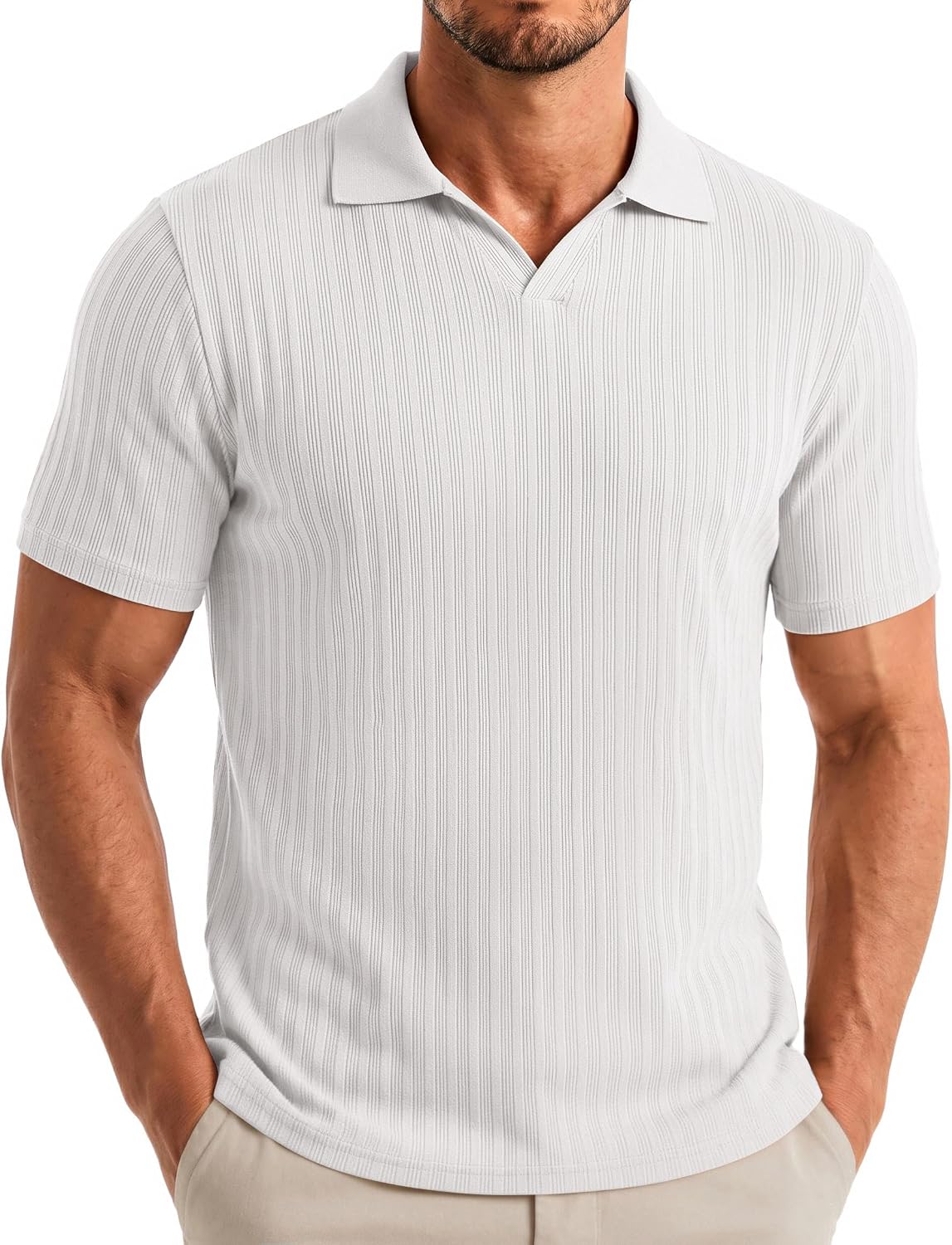 COOFANDY Men's V Neck Polo Shirts Short Sleeve Golf T-Shirts Ribbed Knit Soft Tees