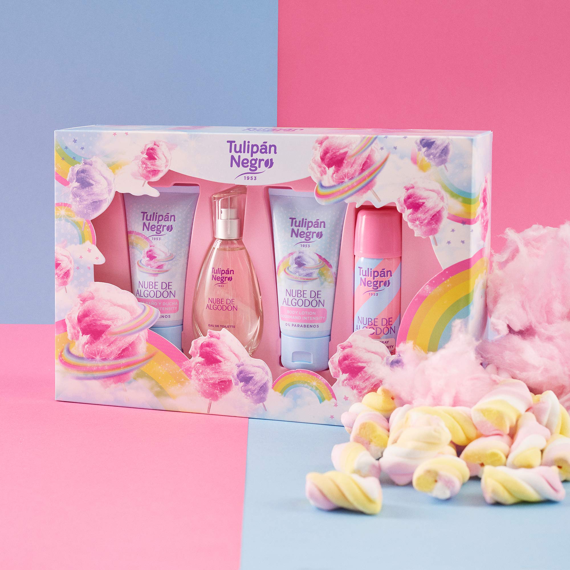 Tulipán Negro - Estuche Nube de Algodón, Colonia 50 ml + Loción Corporal 75 ml + Gel de Baño 75 ml + Desodorante Spray 50 ml, Fragancia Dulce y Suave