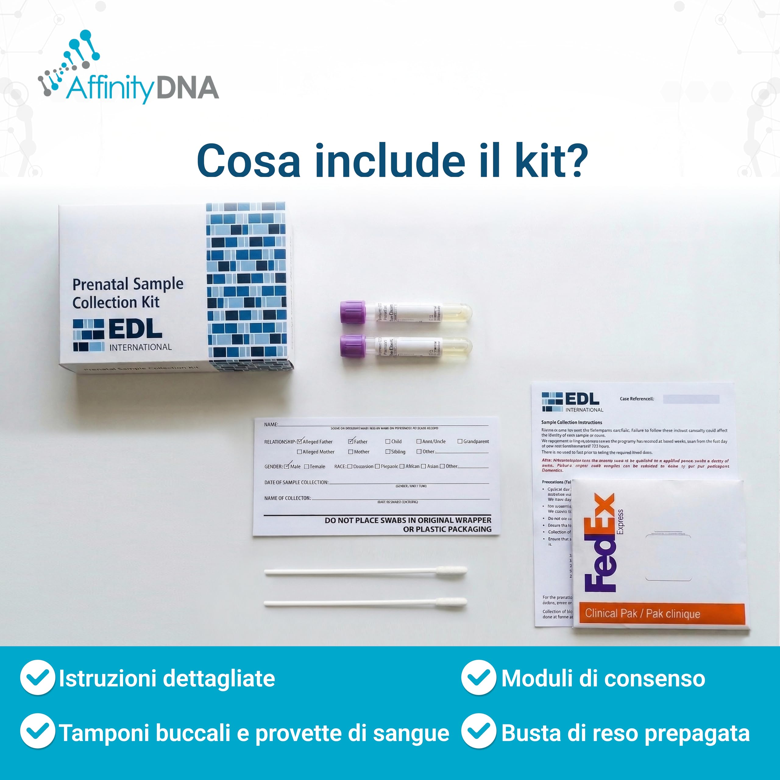 Kit test paternità prenatale non invasivo | Dalla 7a settimana | DNA in gravidanza senza attese | Sangue materno + tamponi buccali per padre | Risultati in 5–7 giorni lavorativi | Servizio discreto