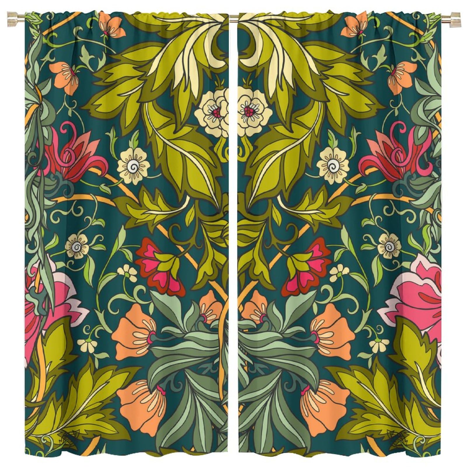 Vintage Floral Curtain William Morris Boho Retro Flower Botanical Patterned Bohemia Decor Window Treatment for Living Room Bedroom Kitchen Rod Pocket