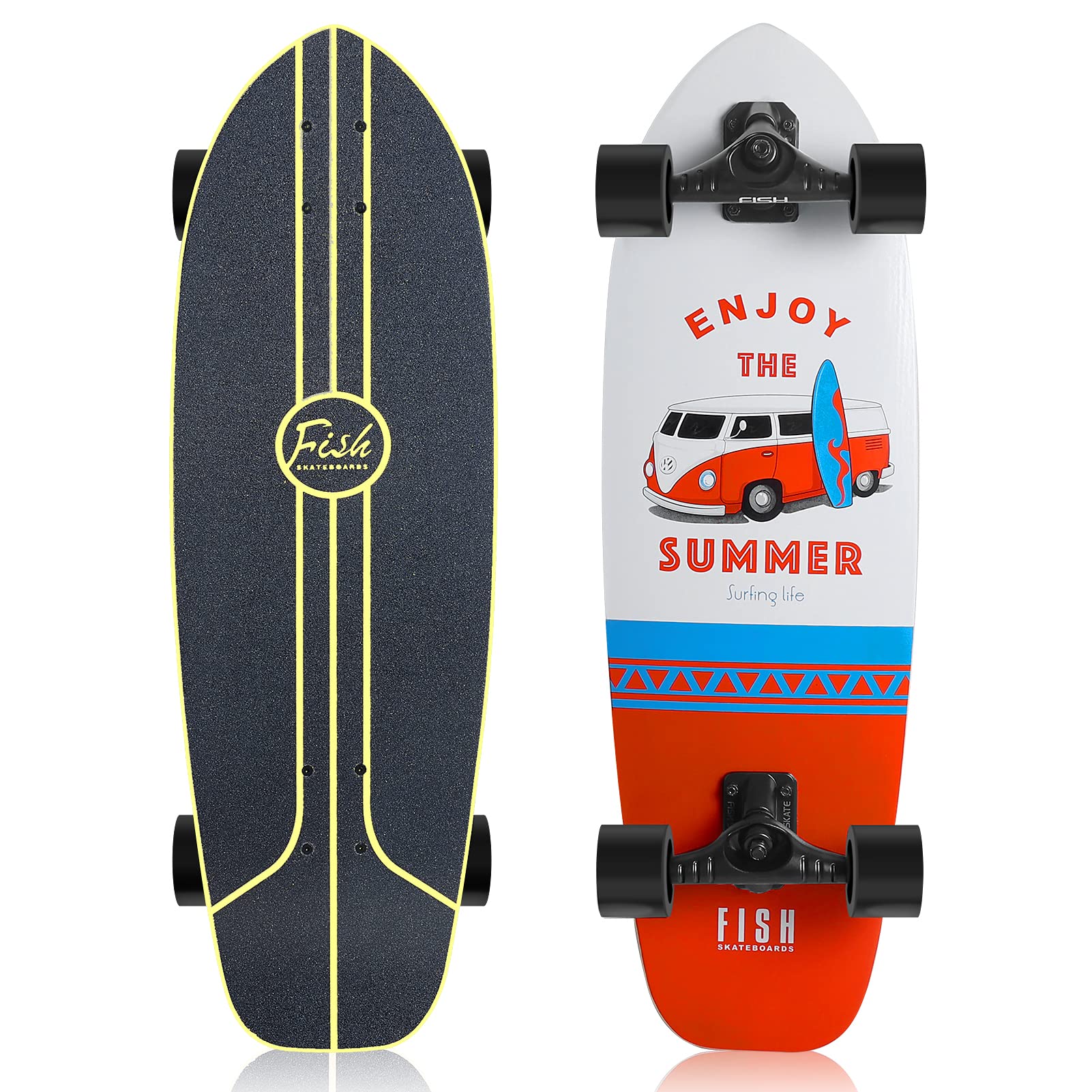 FISH SKATEBOARDS Cruiser Skateboards for Beginners, 30 Inch Complete Skateboard for Kids Teens Adults, 7 Layer Canadian Maple Double Kick Deck Concave Trick Skateboard