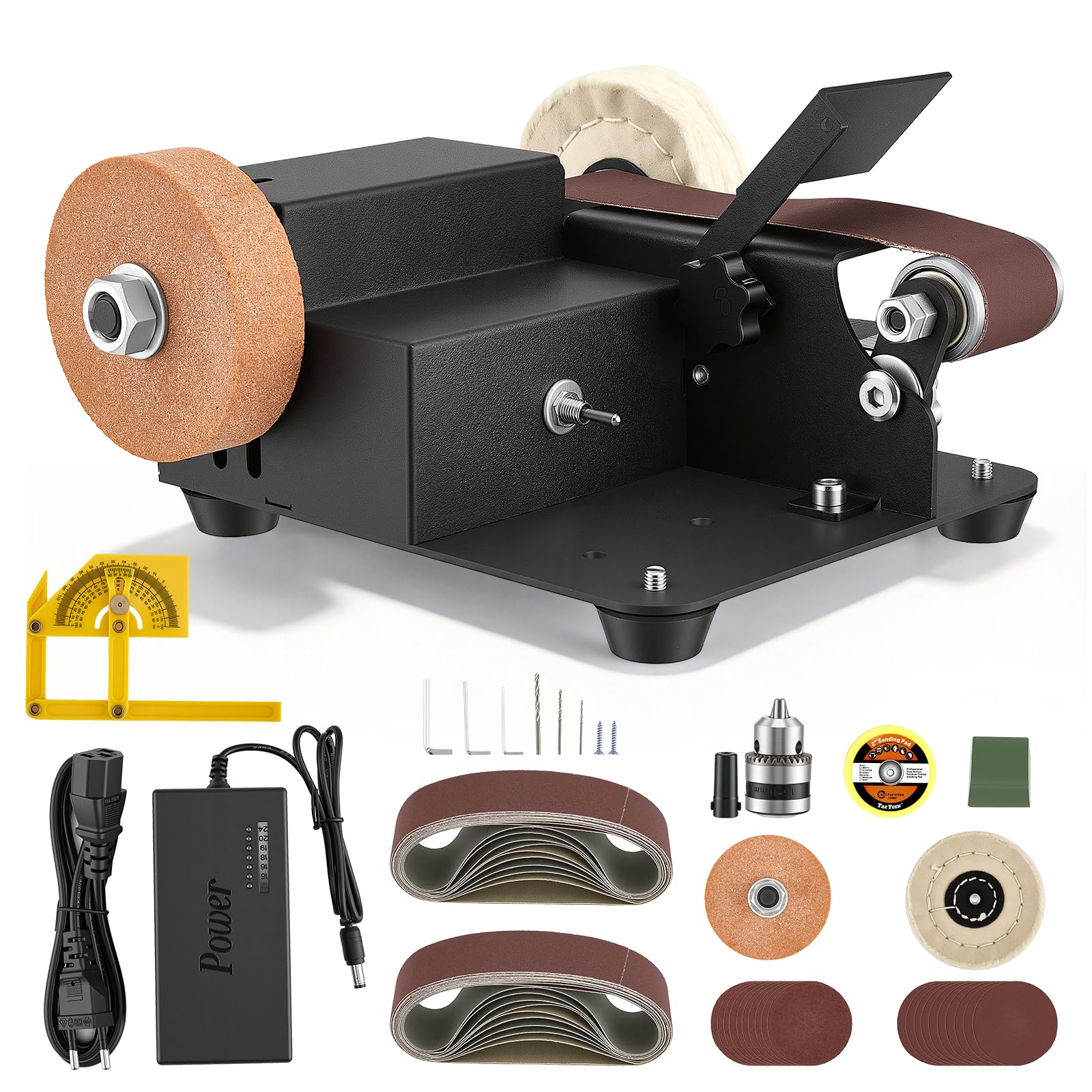Mini Bandschleifer, Elektrischer Bandschleifer, 7-stufig Verstellbarer Polierer, Schleifmaschine mit 20pcs Schleifbänder 20pcs Schleifpapier, Messerschärfer mit Schleifscheibe Polierscheibe Bohrfutter