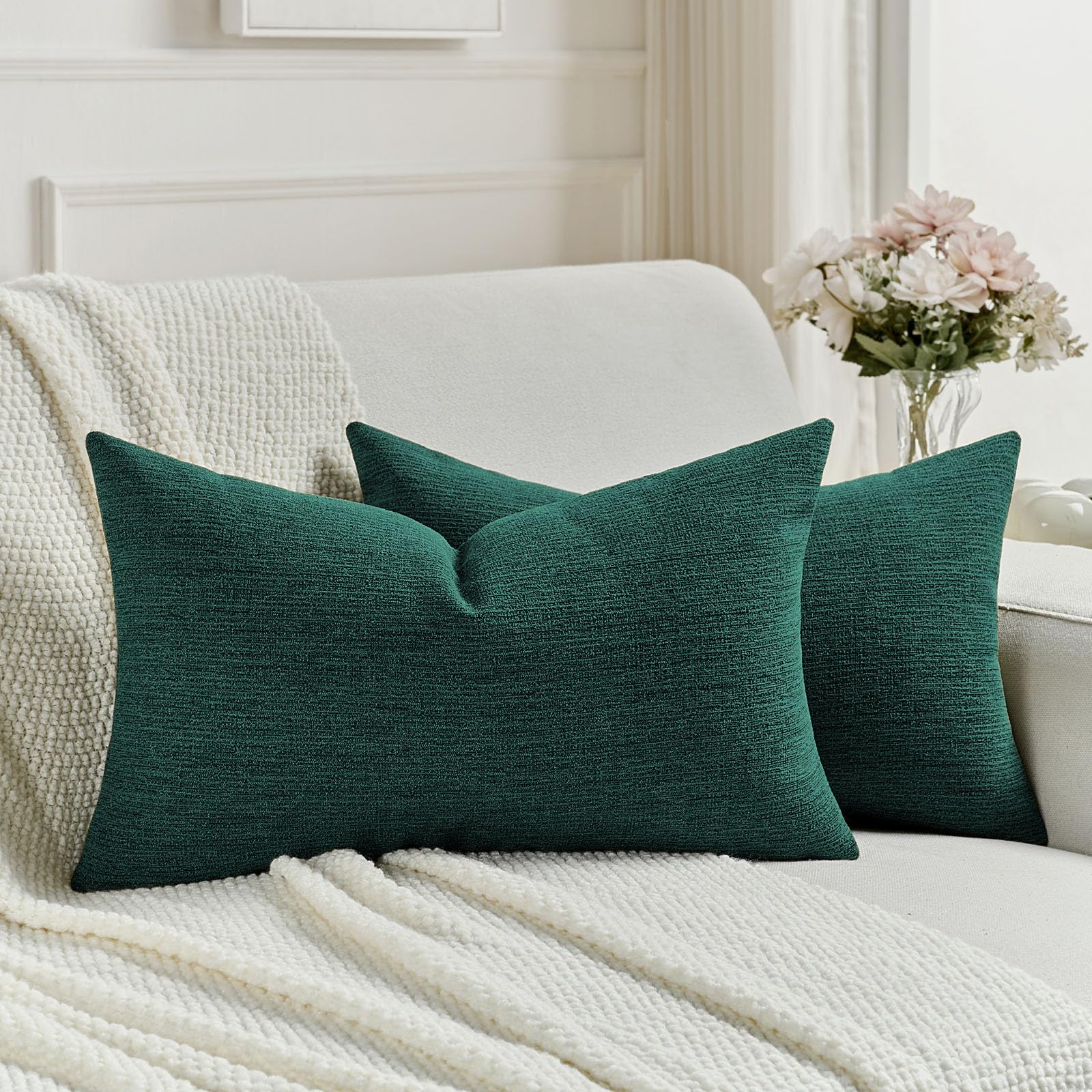 FUTEI Set of 2 Solid Chenille Cushion Covers 30 x 50 cm, Teal