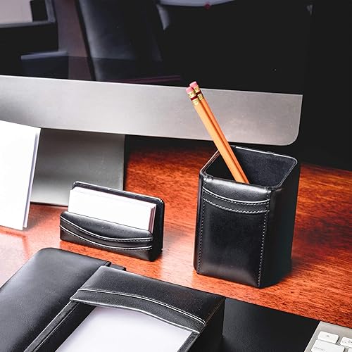 Miniatura 5 de Dacasso Portavasos clásico de cuero negro para lápicesbolígrafos para escritorio, decoración ejecutiva de lujo y organización de oficina esencial