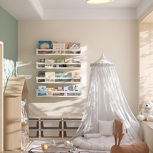 Miniatura 6 de Onlysky - Juego de 4 estantes de pared para libros de niños - Estantes flotantes blancos para habitación de bebé - Construcción duradera de madera