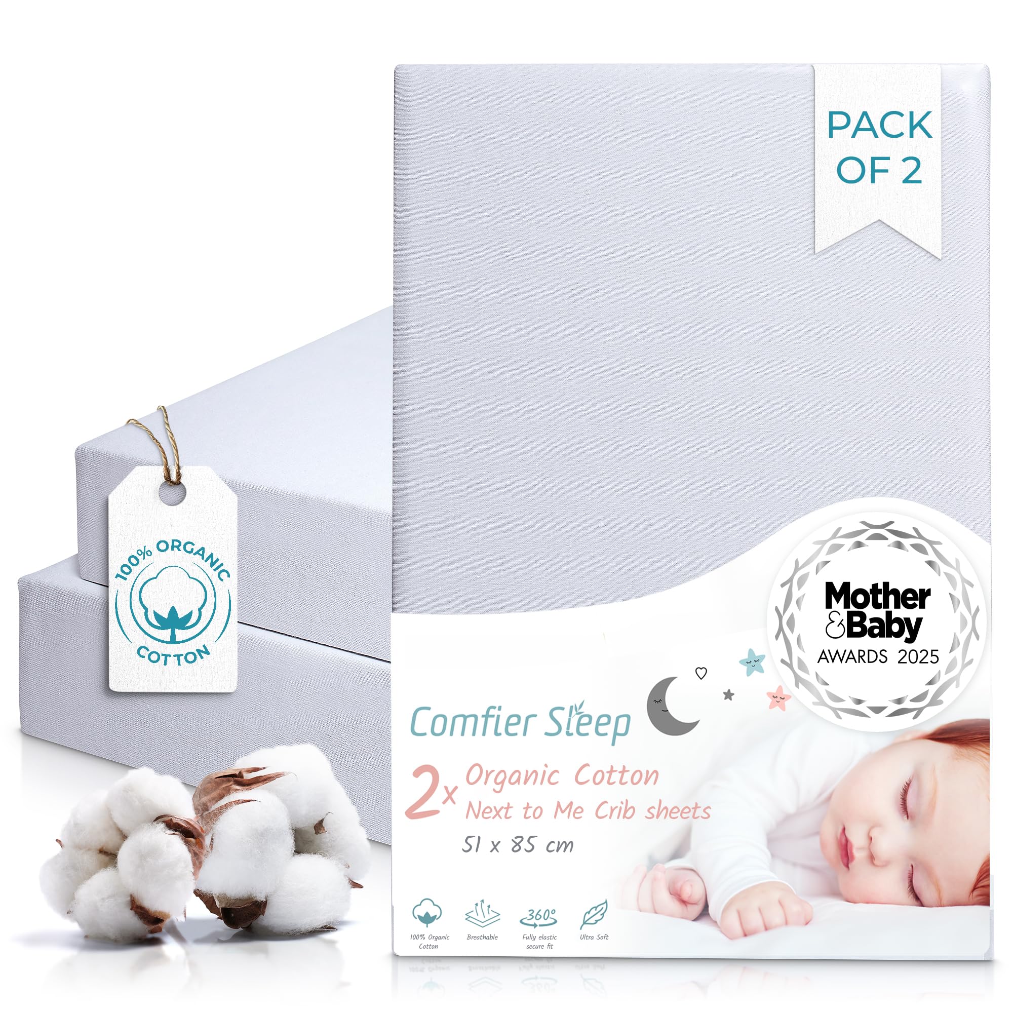 Next To Me Crib Sheets 51x85cm – Award-Winning 2 Pack 100% Organic Cotton Grey Bedside Crib Fitted Sheets – Soft Breathable Tutti Bambini CoZee Fitted Sheets for Daily Use