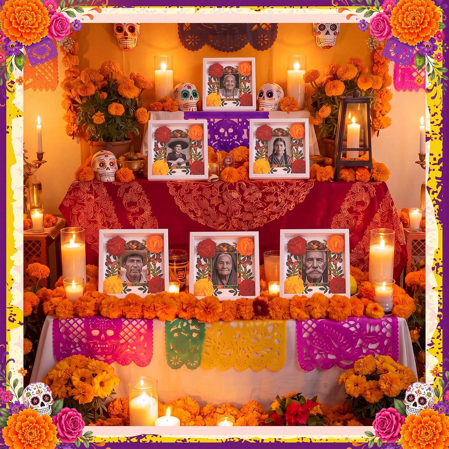 Leinuosen 12 Pack Dia De Los Muertos Decorations Mexican Picture Frames, Day of the Dead Ofrenda Altar Kit, Memorial Photo Frame with 3D Marigold Flower Monarch Butterfly Keepsake Box Gift Table Decor
