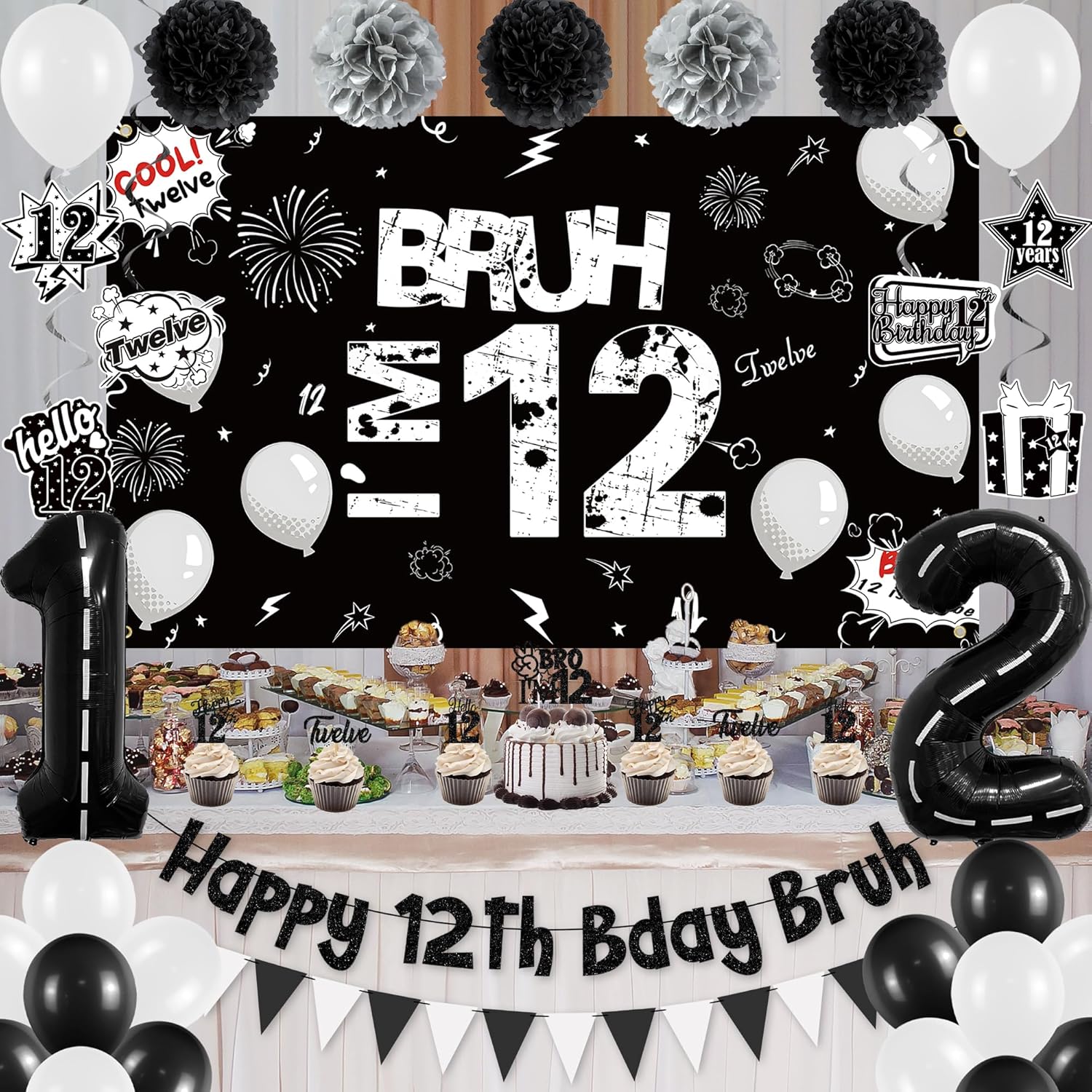Holkcog 12th Birthday Party Decorations, Happy 12th Bday Bruh Banner Bankground, Black Number 12 Foil Ballons & Cupcake Topper, Hanging Swirls, Black Happy 12 Years Old Party Supplies