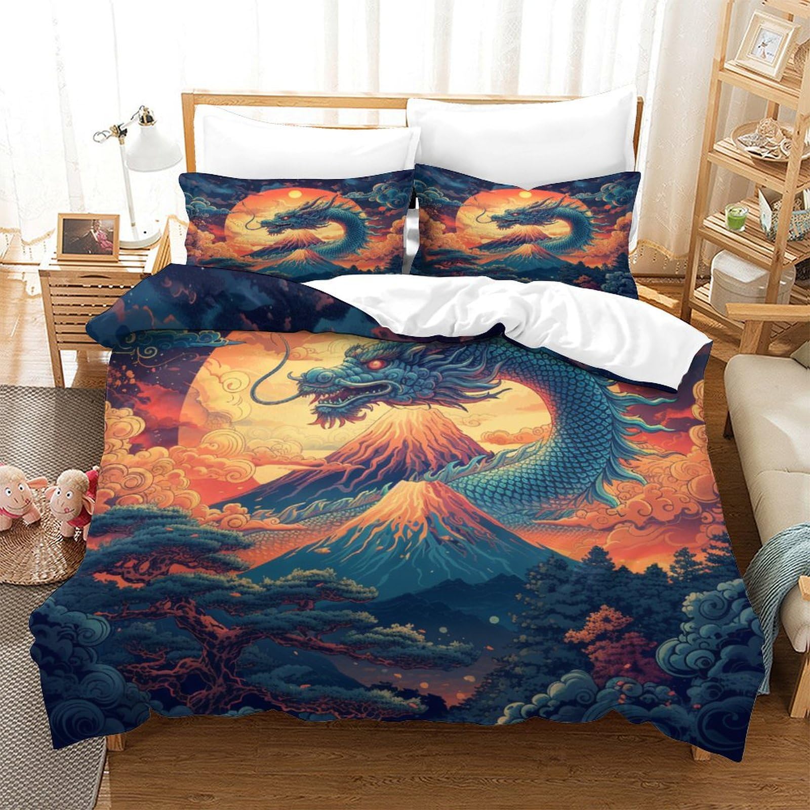 Stampato in 3D Loong cinese Copertina Stampata Microfibra Disegnata Biancheria Da Letto Stile Morbido Set 3 Pezzi,Double（200x200cm）, Per Adolescenti E Adulti