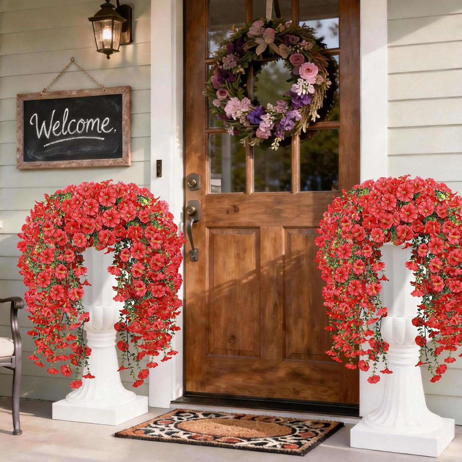 Artificial Hanging Flowers for Outdoors, 4 PCS 600 Blooms UV Resistant Morning Glory Faux Silk Vines, No-Odor Realistic Fake Plants for Garden Planter Porch Patio Decoration, Red