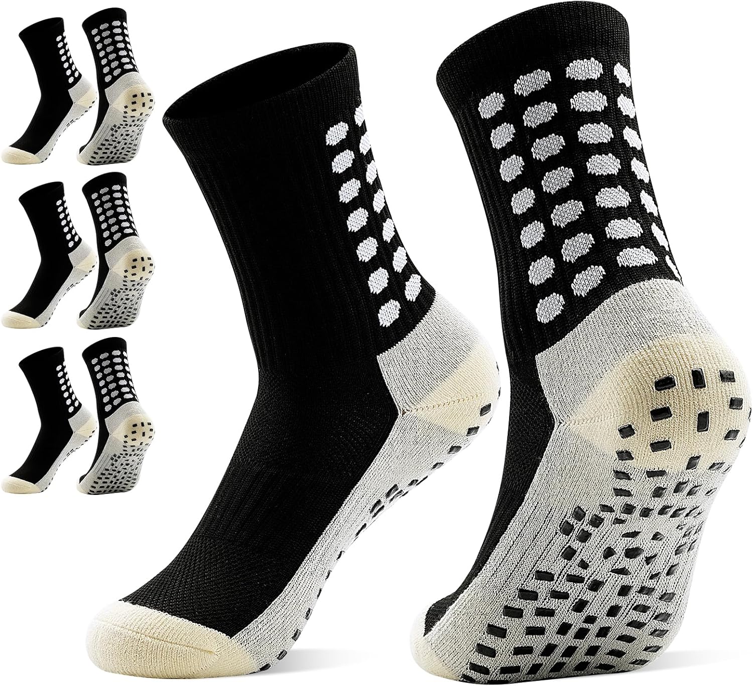 HYCLES Kids Grip Soccer Socks, 3 Pairs Youth Non Slip Athletic Cotton Cushioned Socks for 4-12 Years Boys Girls