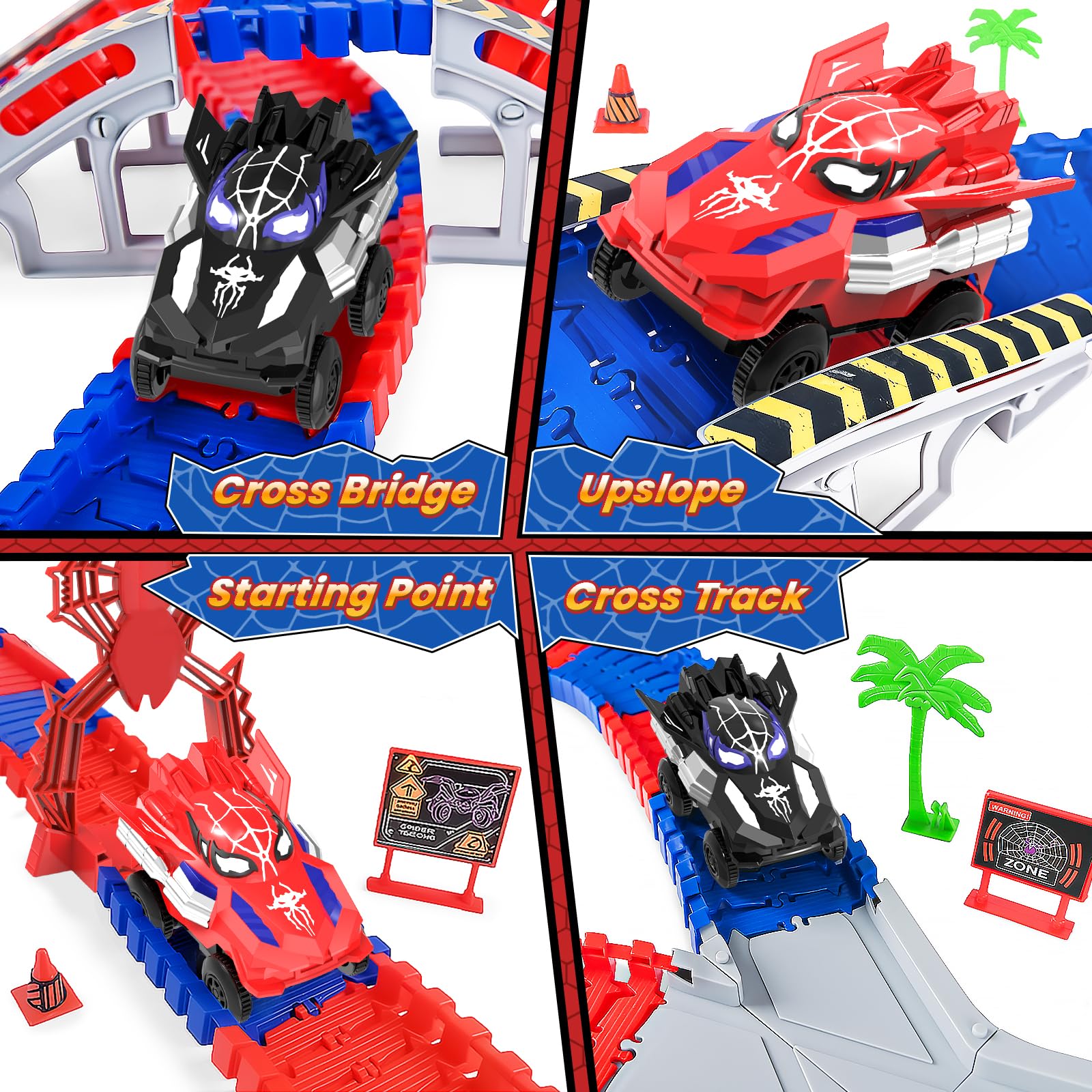 Spider Toys for Boys 4-6, with 2 Electric Spider Race Track, Flexible Tracks Playset Toys for 3 4 5 6 7 8 Year Old Boys and Girls, 212 PCS Race Tracks Birthday Gifts for Boys