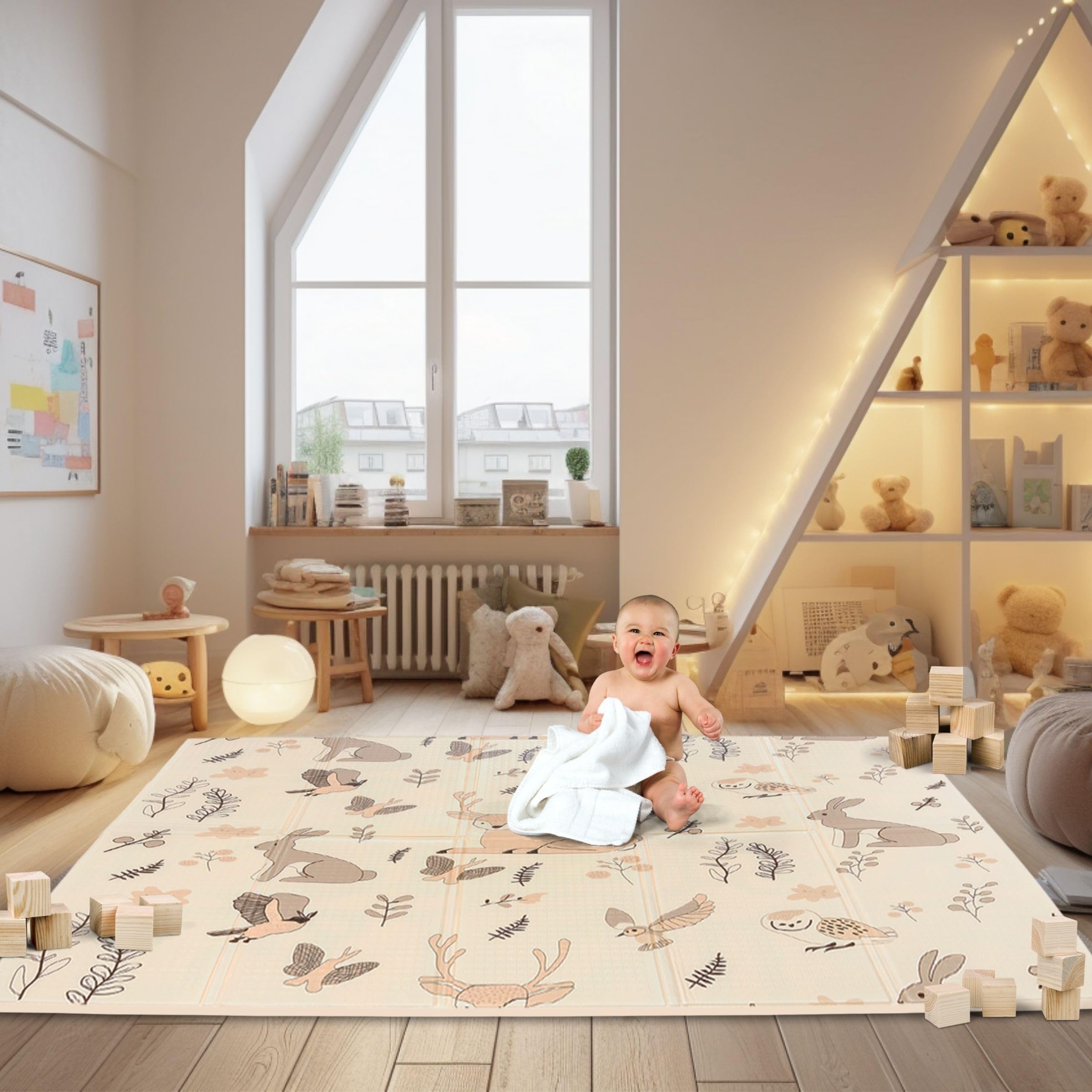 Mamabrum Tapis en mousse pour bébé 180 x 120 x 1 cm, pliable double face, mousse XPE, forêt magique/rues d'automne
