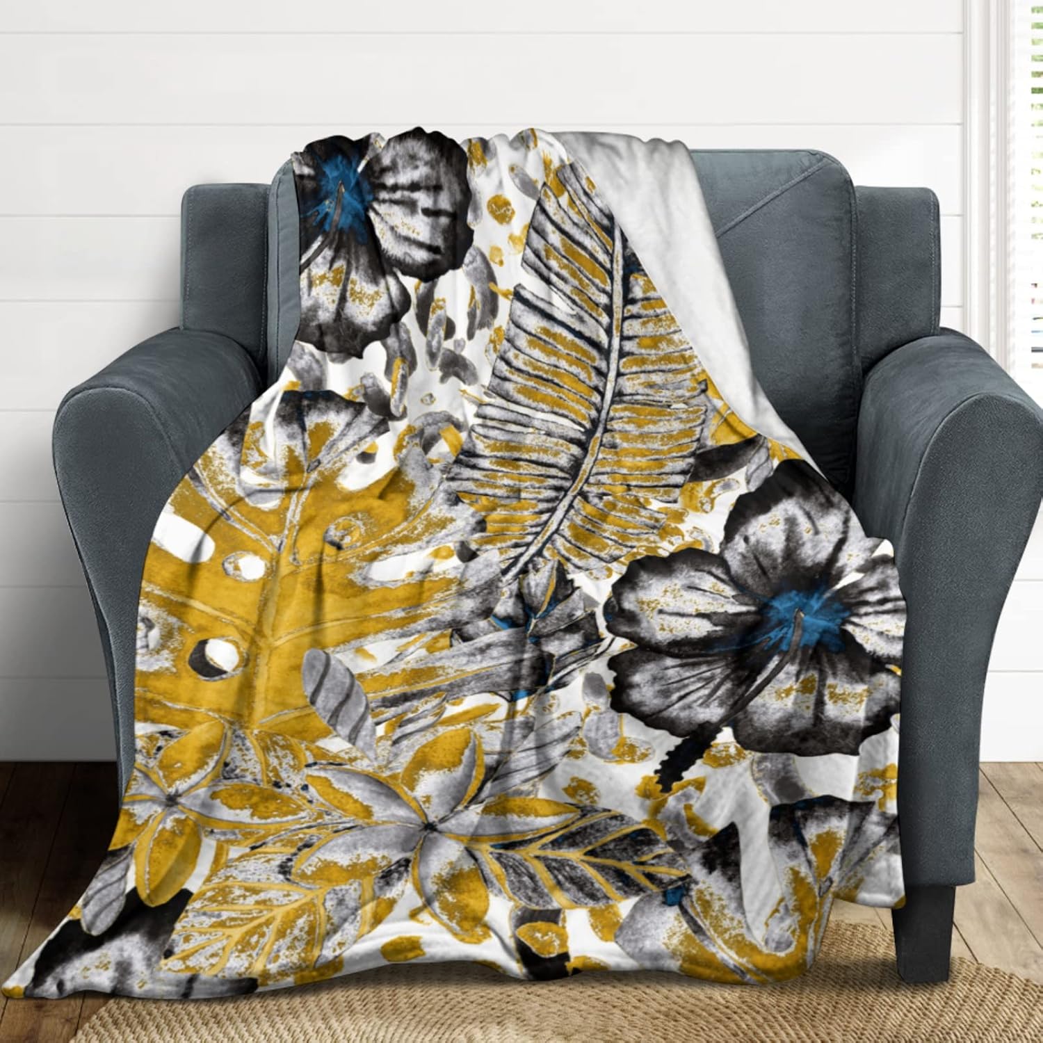 MYSLC Manta para niños, adultos, manta para el hogar, manta de plantas tropicales, hojas de plátano, estampado de flores, franela, suave, sillón con capucha, multicolor, 75 x 100 cm