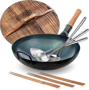 YOSUKATA Blue Round Bottom Wok Pan 14" + 17" Spatula and Ladle Skimmer Spoon + Premium Wok Cover 14 inch Pan Lid +Reusable Natural Wooden Long Cooking Chopsticks Set of 3 pairs