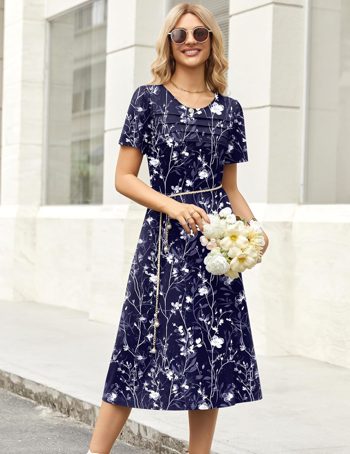 Zeagoo Womens Casual Dresses for Summer Short Sleeve Flare Midi Dress Loose Beach Sundress Pleated Front Dress with Pockets - Image 4