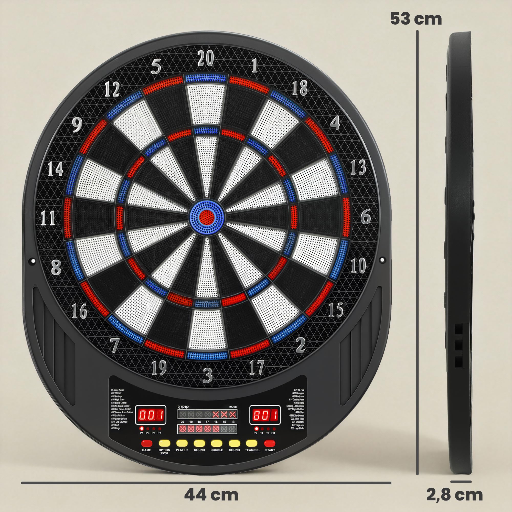 SPORTNOW Cible de fléchettes électronique à Pointe Souple avec Double écran LED, 6 fléchettes, 24 Pointes de Rechange, 33 Jeux, 202 Variantes, pour 8 Joueurs