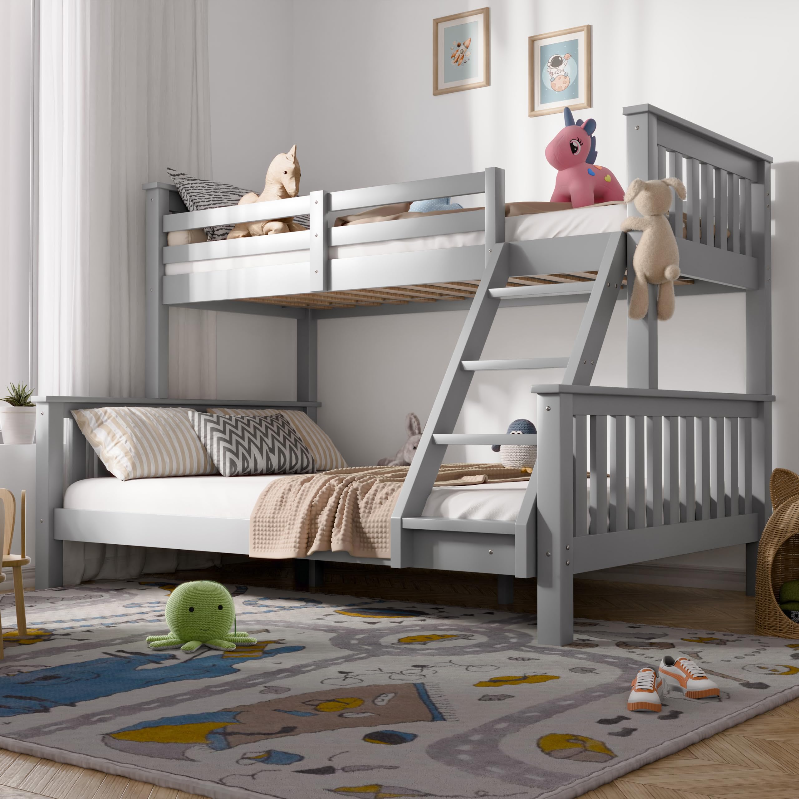Blisswood Triple Bunk Bed – 4ft6 Double & 3ft Single Pine Wooden Bed Frame with Ladder, Triple Sleeper for Kids, Teens & Adults, Space-Saving Bunk for Bedroom or Guest Room (Grey_L198 x W143 x H146cm)