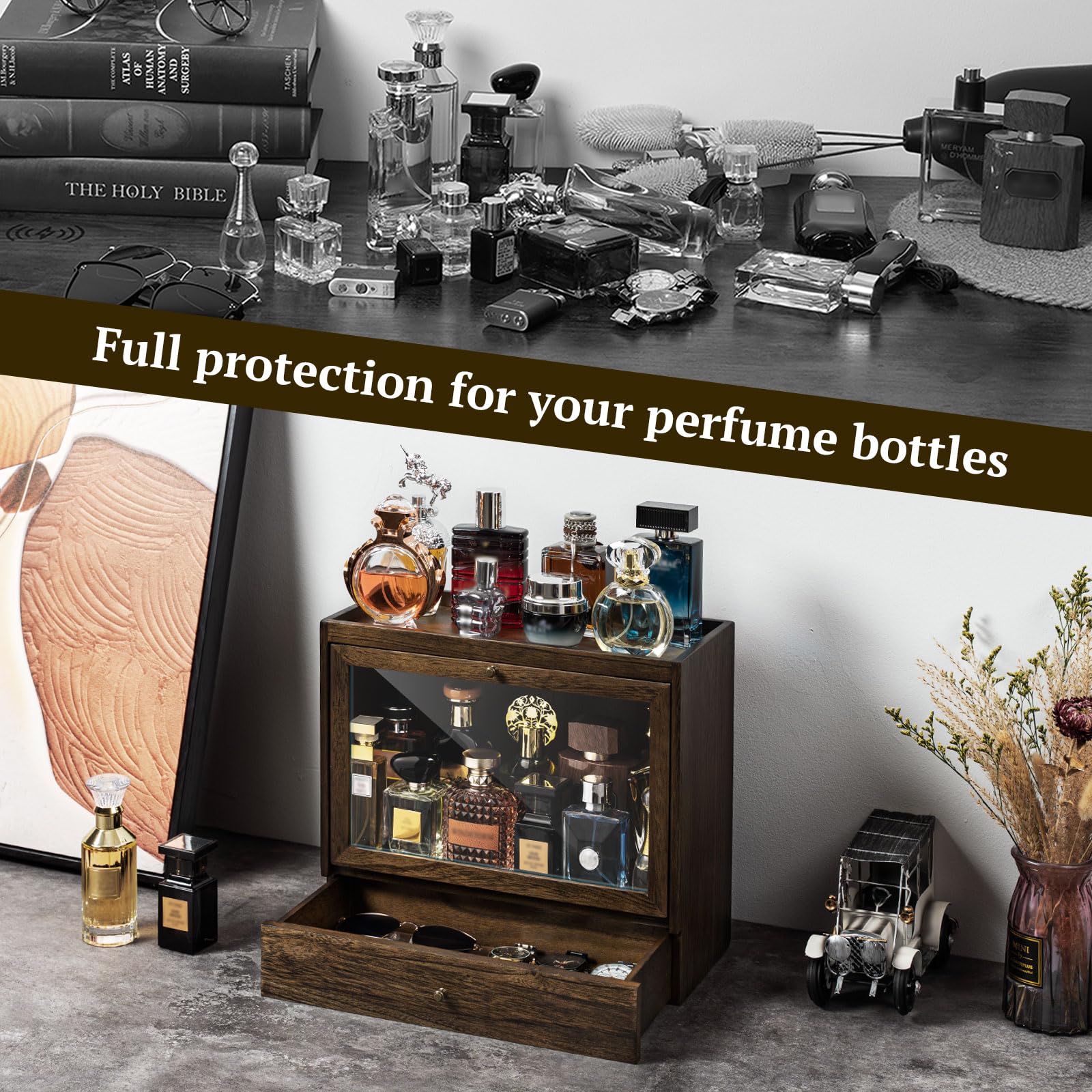 Organizador Perfumes Hombre, 3 Niveles Vitrina para Perfumes con Cajones, Organizador de Perfume de Madera, Expositor Perfume para Mostrar Joyas y Cosméticos, Gran Regalo (Rústico)