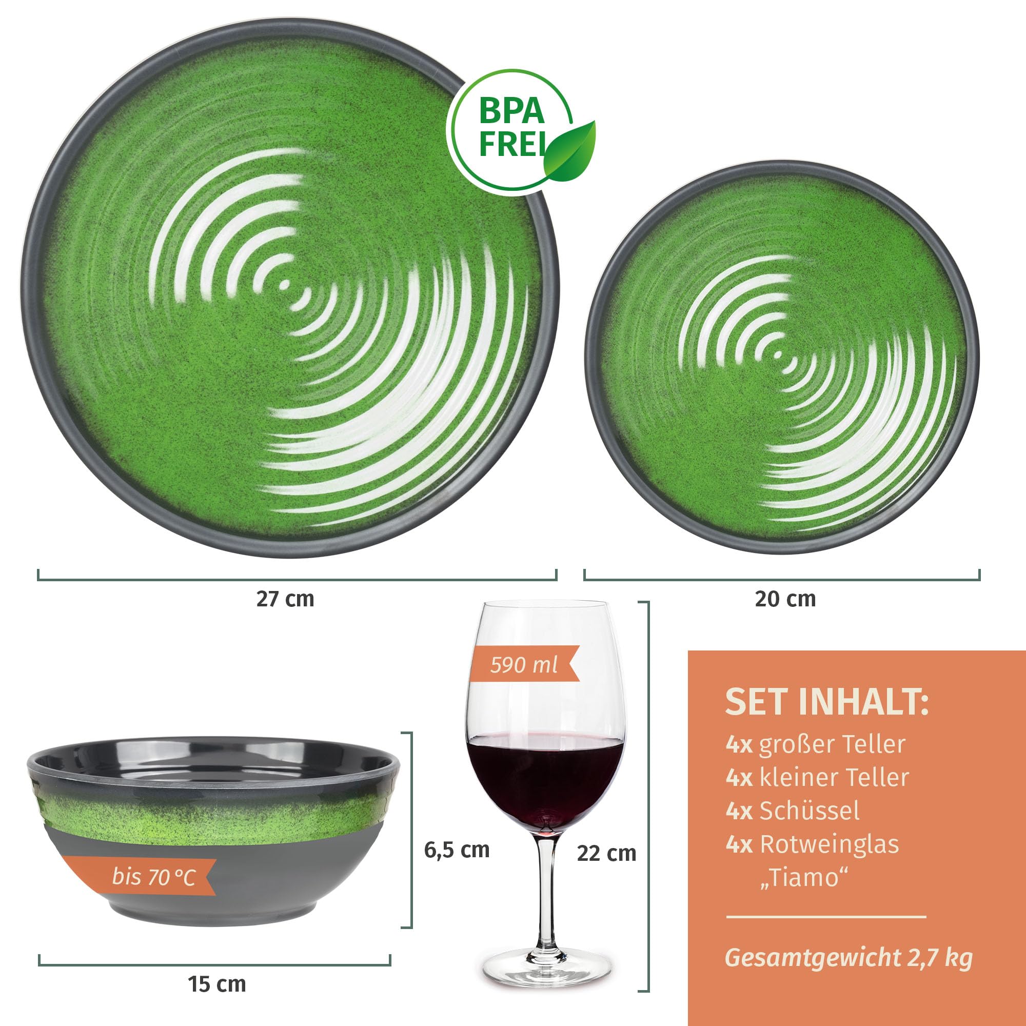 Vajilla de melamina para camping, 4 personas, color verde piedra + 4 vasos de vino tinto Tiamo rojo copas de vino rojo vajilla vajilla de picnic barbacoa