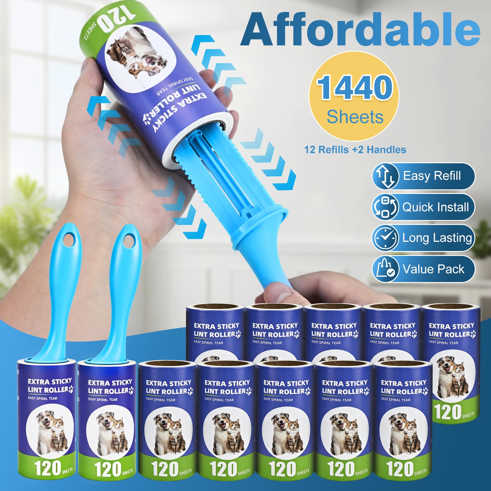 Brosse Anti Poils Animaux 1440 Feuilles très adhésives,12 Rouleaux avec 2 Poignées,Extra Collant Rouleau adhesif Vetement, Brosse Adhesive Poils Animaux