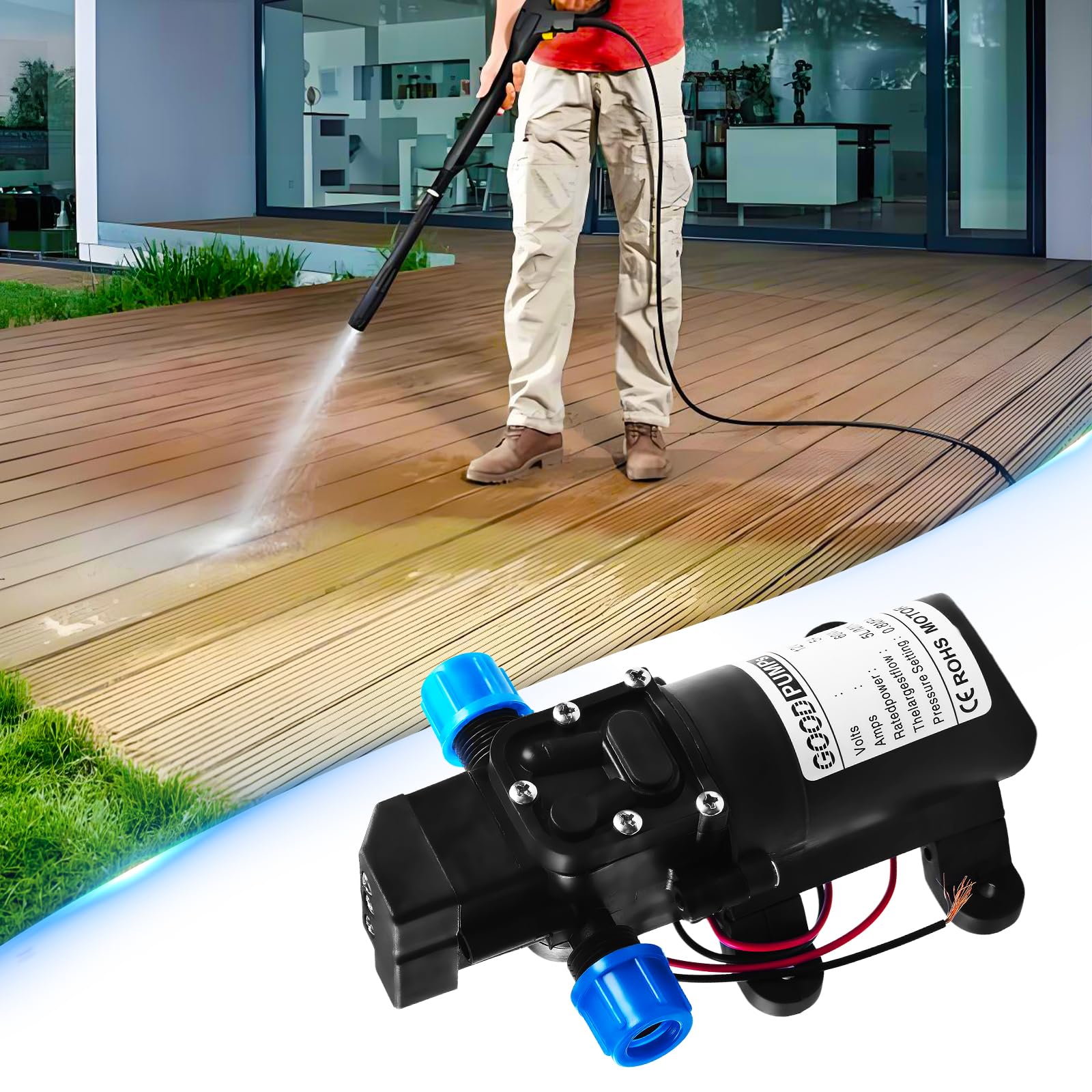 Pompe à eau 12V auto-amorçante, haute pression automatique avec pressostat pompe de camping 60W 4,5 L/min, pompe à membrane pour nettoyage de voiture bateau jardin irrigation camping-car caravane