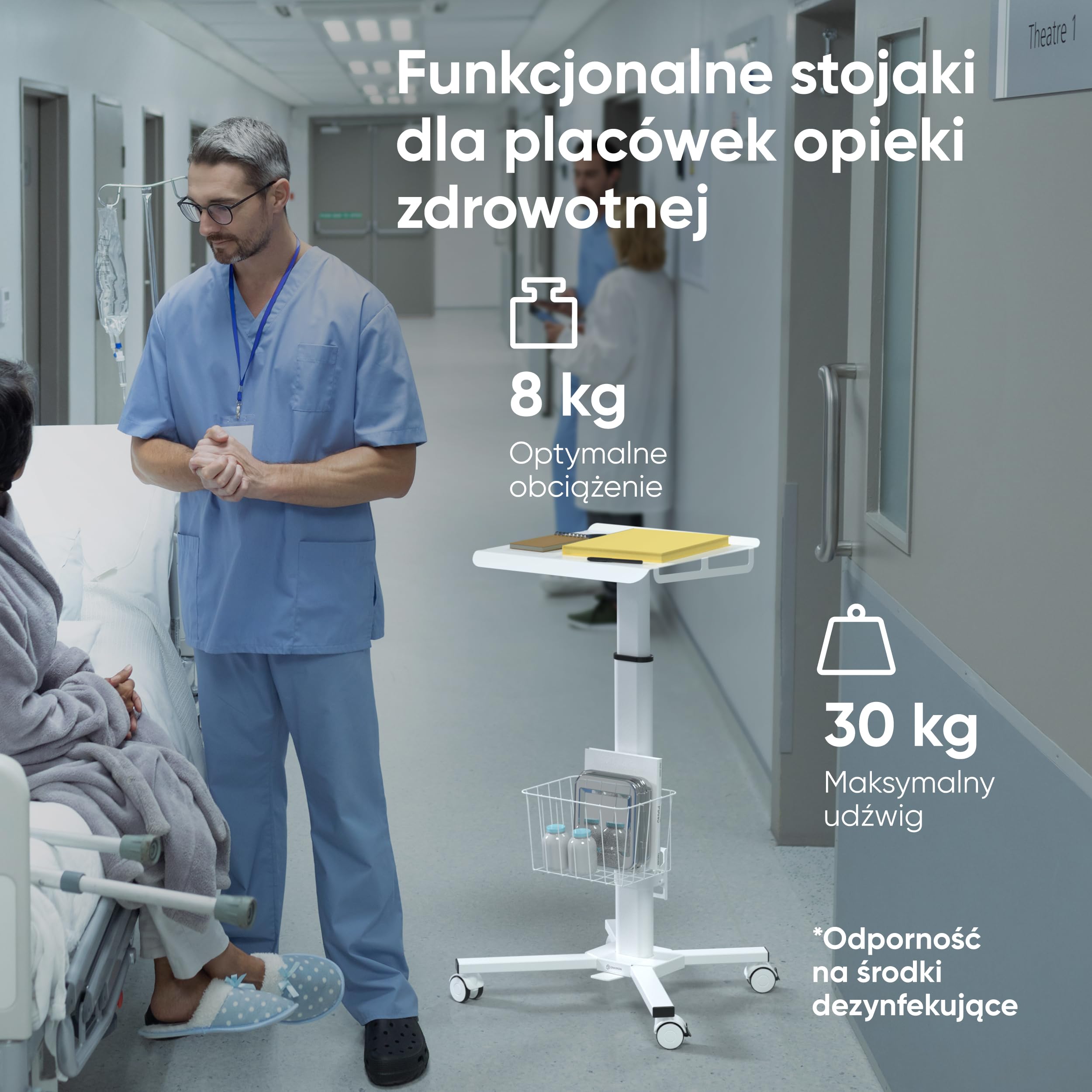 ONKRON Małe biurko z kółkami, optymalne obciążenie 8 kg, stolik na kółkach, stacja robocza z regulacją wysokości, stolik do laptopa, regulowane biurko mobilne na rolce, białe LMG30-W