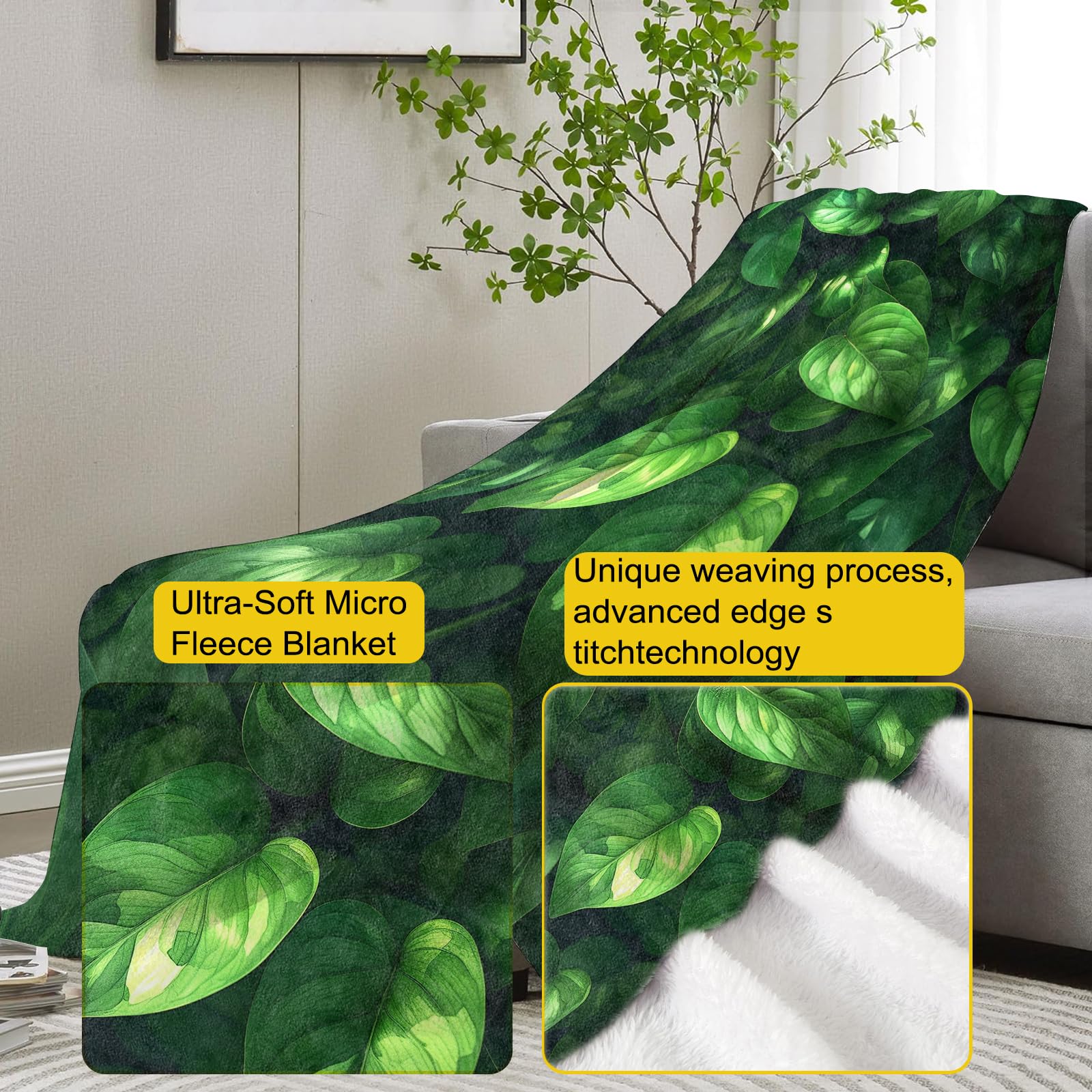 VANZEV Pothos Flanell-Decke – Weich, Warm, Salbeigrün Mit Laubmuster