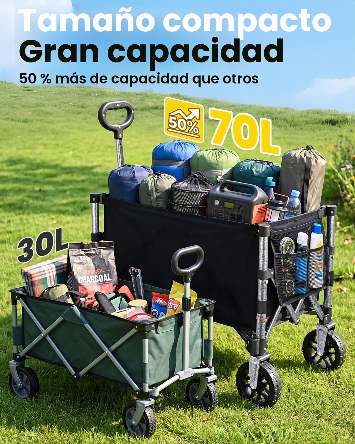YEAUPE PRO Carro Playa Plegable con Ruedas – 70L, 50 kg – Ruedas Amovibles, Mango Ajustable, Acceso Lateral con Cremallera y Diseño Compacto, Ideal para jardín, paquetería y hogar – Negro Tinta