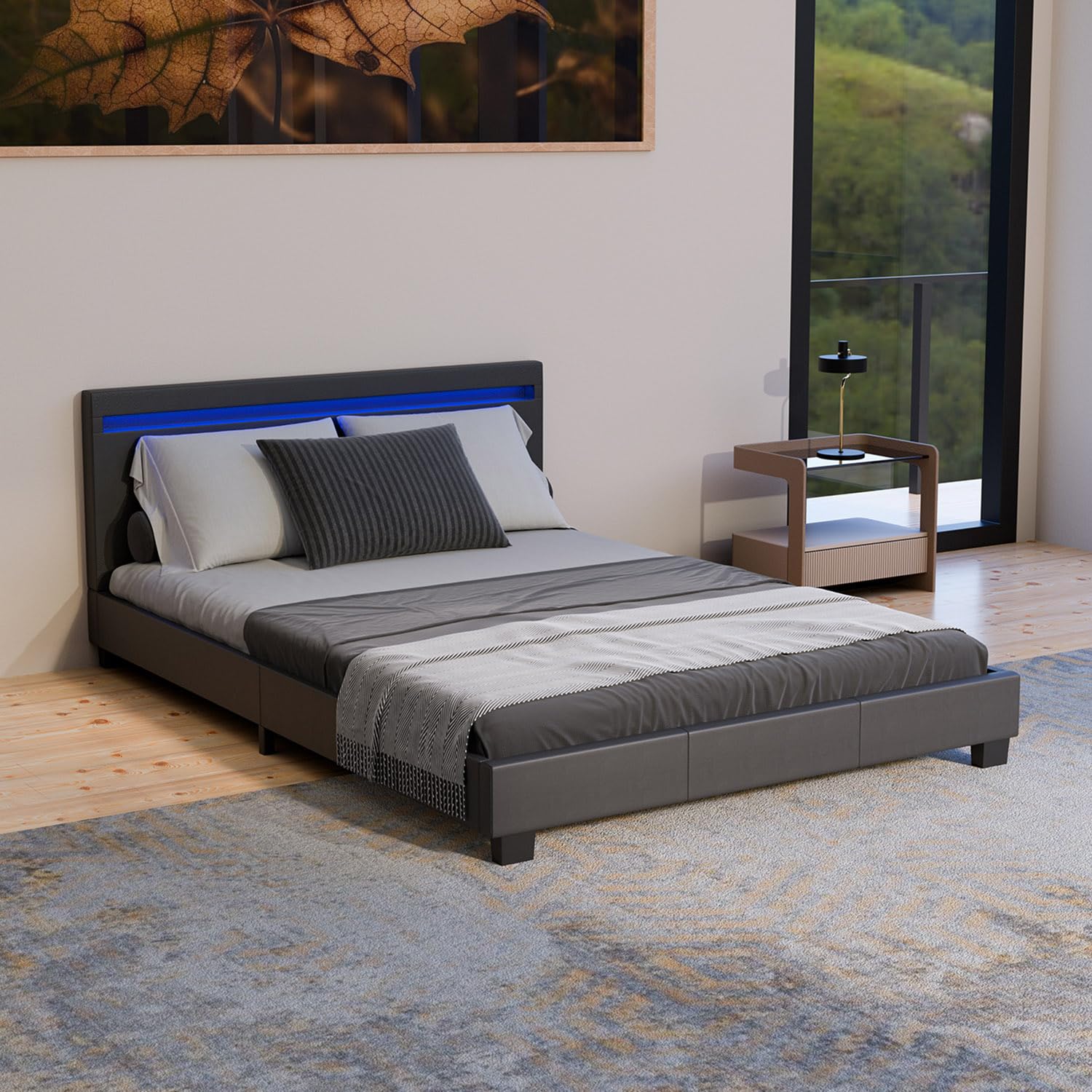 Juskys Polsterbett 140x200 cm – Bett Paris mit LED Beleuchtung, Lattenrost & Kopfteil, modernes Doppelbett aus Kunstleder & Holz – Schwarz