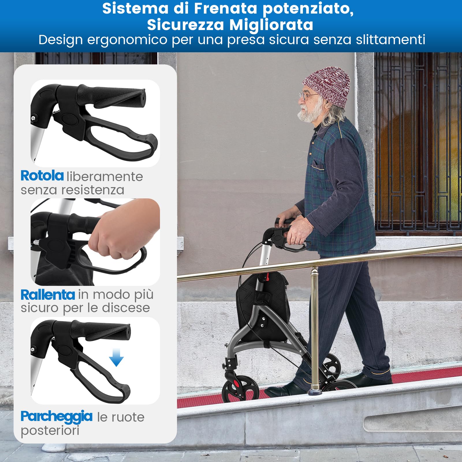 COSTWAY Deambulatore per Anziani in Alluminio Ultraleggero a 3 Ruote, Rollator per Anziani Pieghevole e Regolabile in 6 Livelli 86-96 cm con Borsa e Ruote Bloccabili, Portata 136 kg (Grigio)