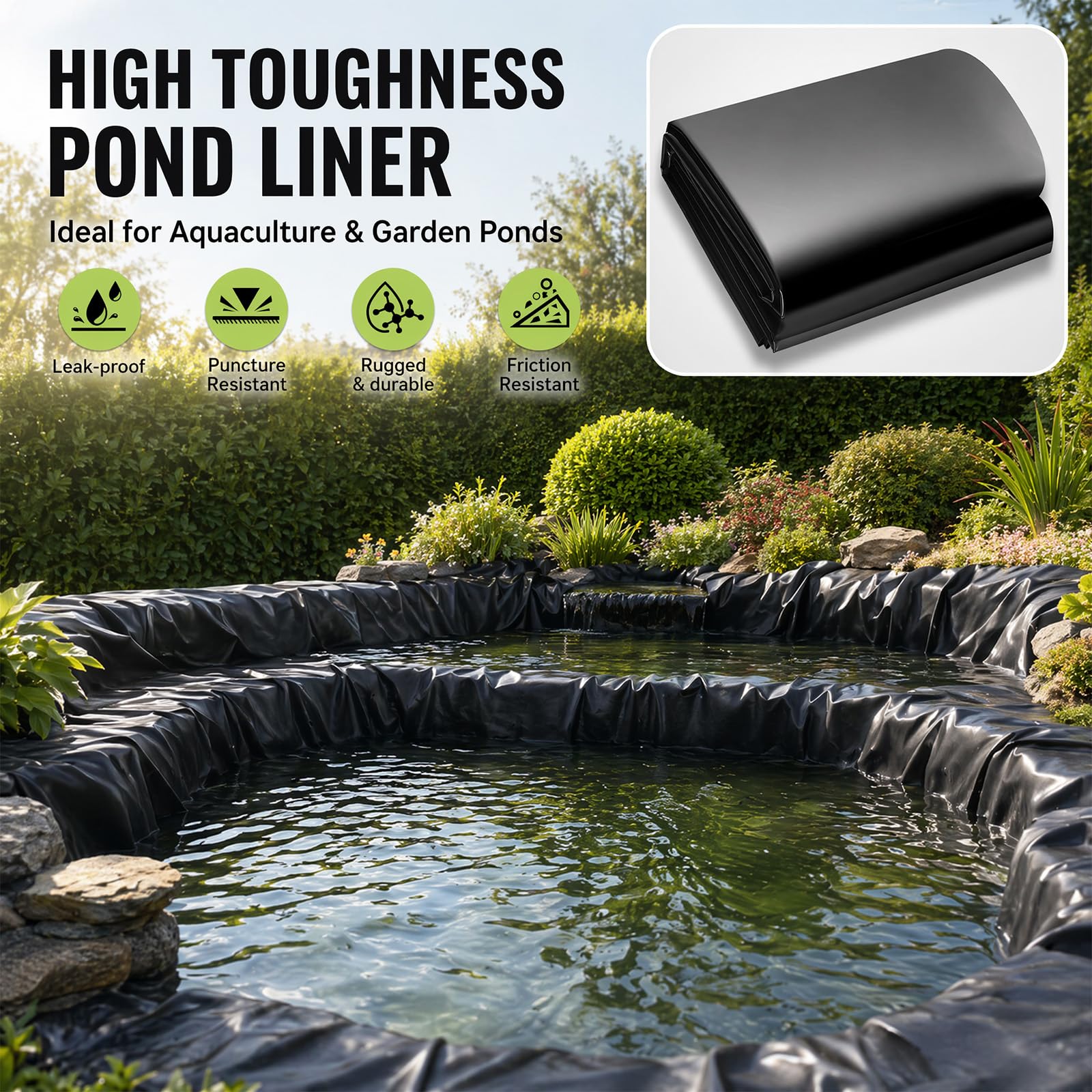 3x4m Teichfolie, Teichfolien Schwimmteich Folie | Wasserdicht leckdest Gartenteich Teichplane Schwarz HDPE für Fischteiche, Brunnen, Wassergarten und Wasserfall Stärken 0.2 MM