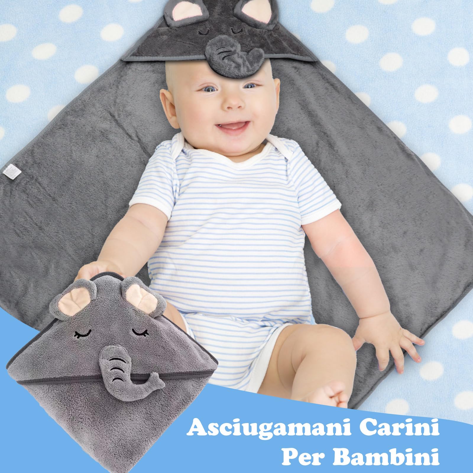 Accappatoio Neonato Elefante Grigio 0-3 Mesi + Borsa per Bucato, Asciugamano con Cappuccio Neonato Antistatico Asciugamano Neonato Bagnetto Morbido e Super Assorbente