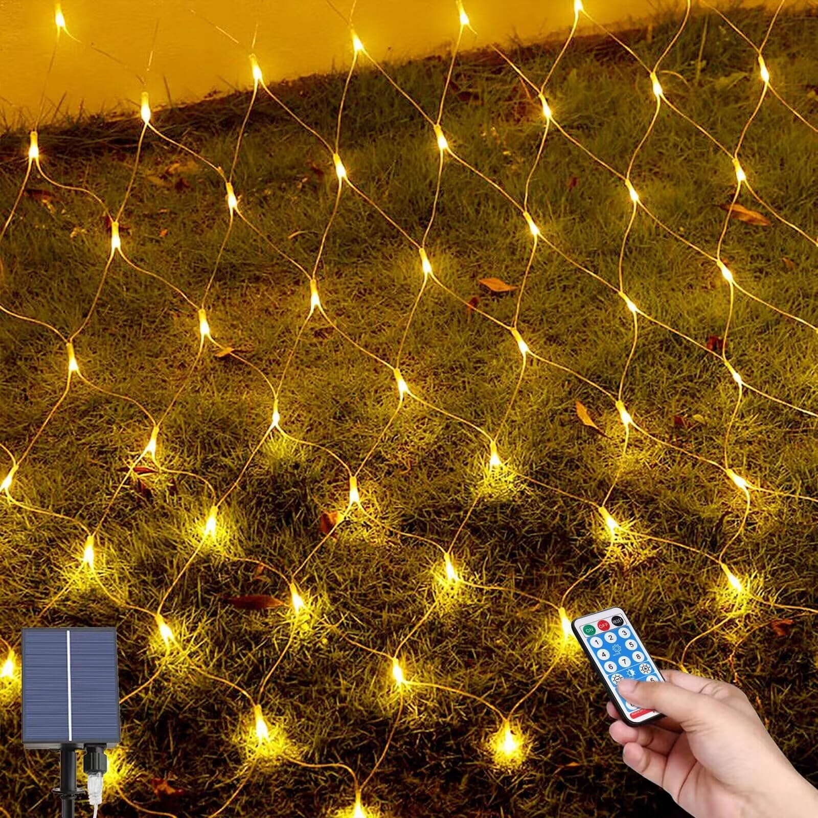 MXJFYY Guirnaldas Neta Luz Exterior Luz Jardín, 1.5M*1.5M 96LEDs Red Luz, Red Luces Solares Exterior, Arbol Navidad Exterior con Luces, Impermeable Luces para Navidad Cortina Balcón Ventanas Terraza