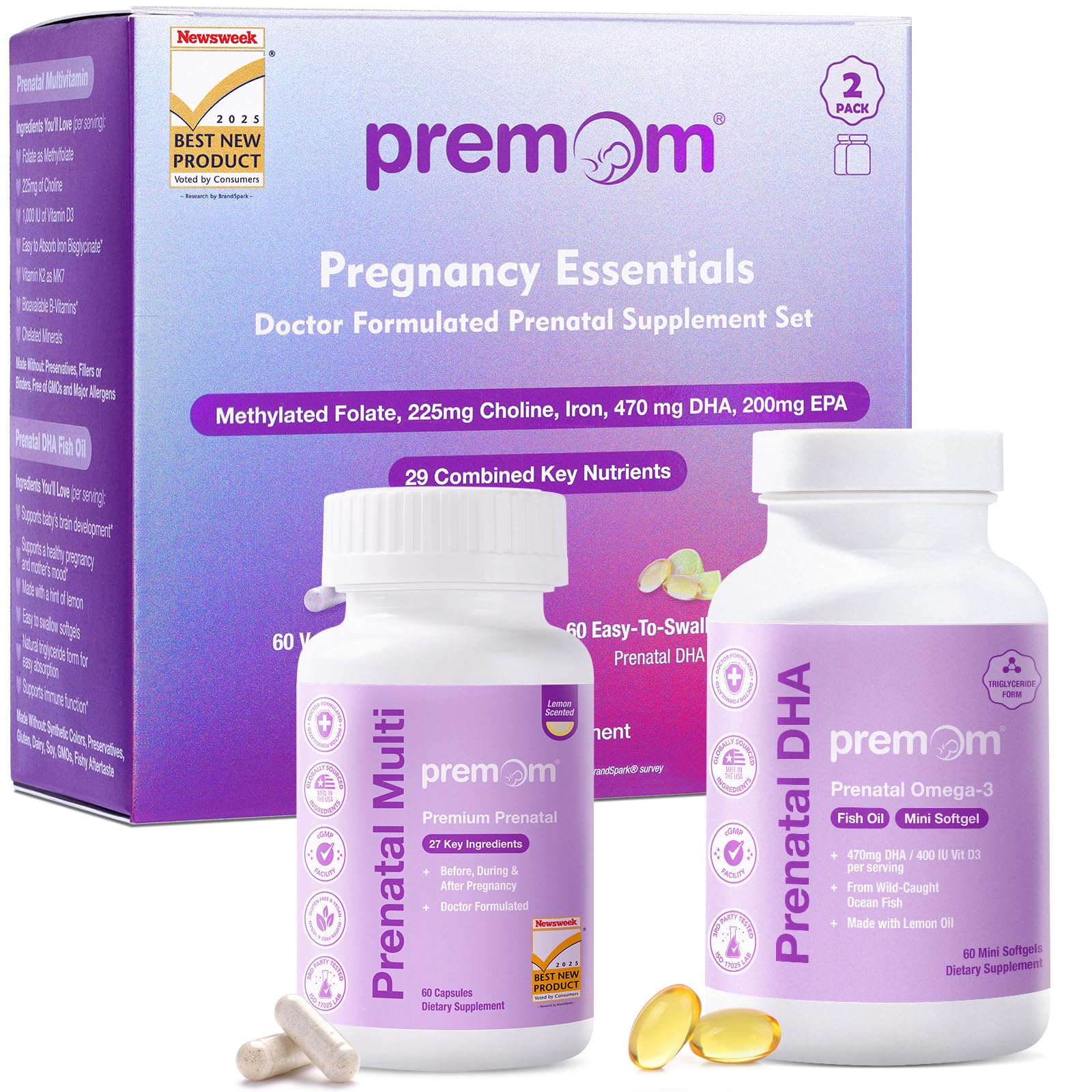 Premom Prenatal Vitamins for Women Capsules & Prenatal DHA Softgels Bundle